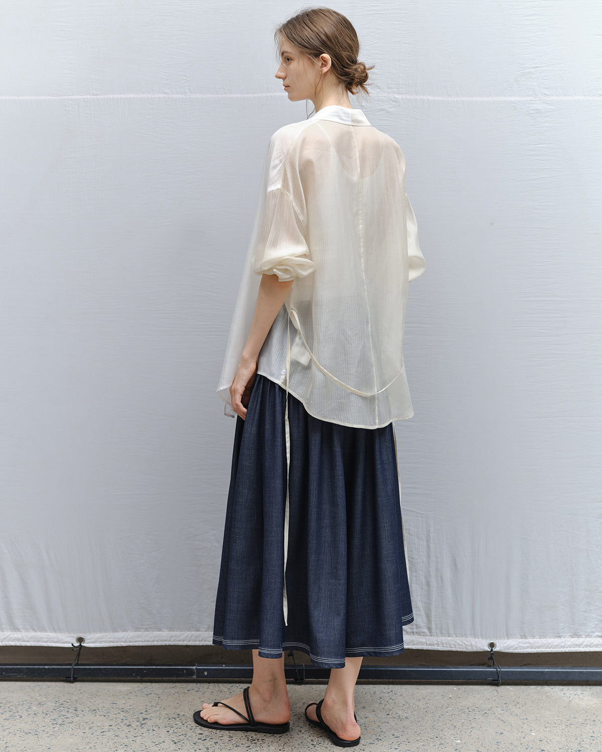 Bi-color Asymmetric Neck Sheer Shirt