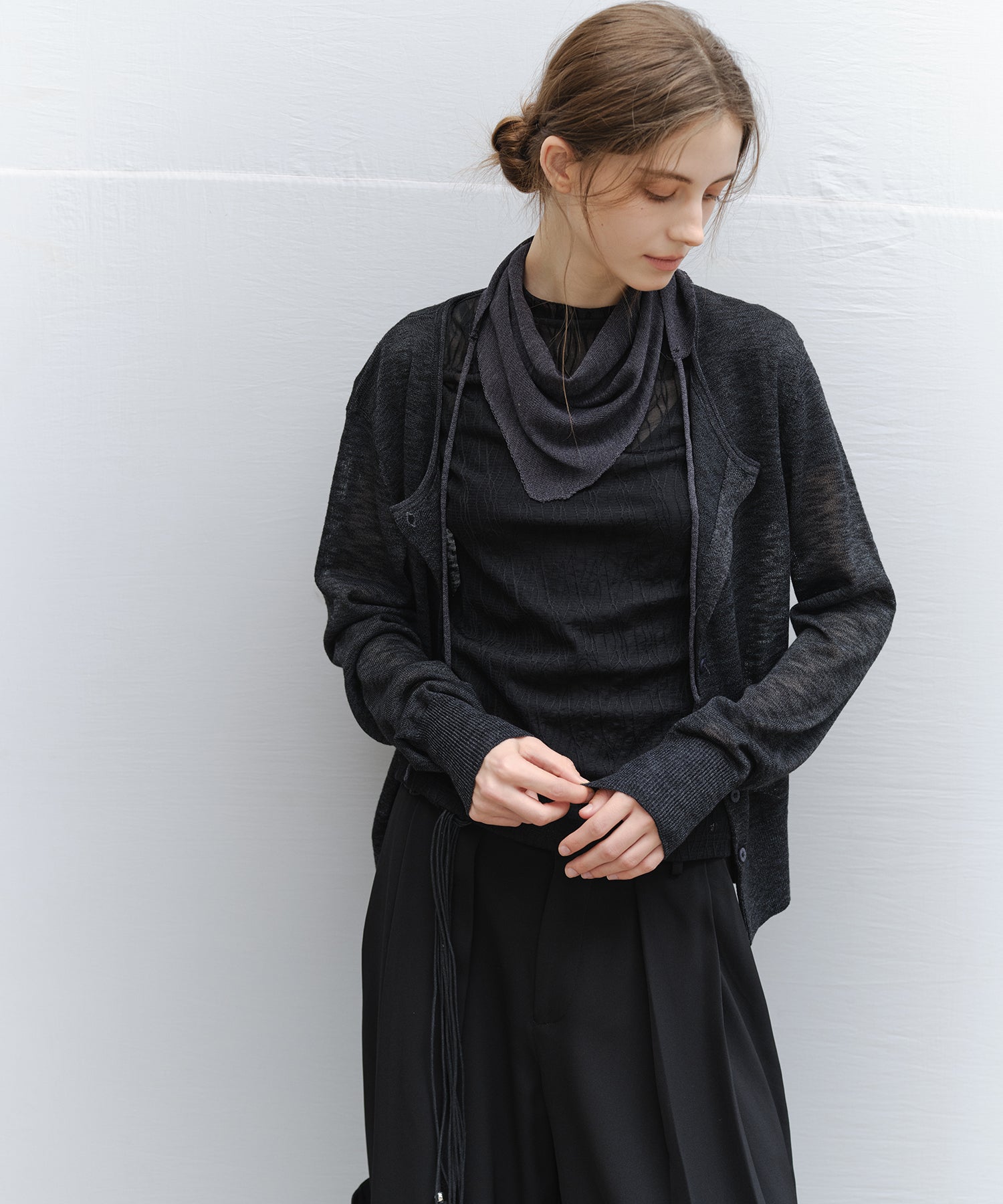 "Ships early March" Sheer Slub Yarn Crewneck Cardigan Set (with Scarf)