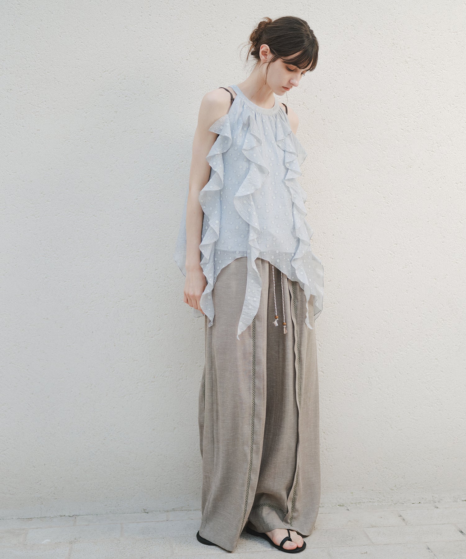 「8月中旬~下旬出荷」Front Lace Linen Blend Wide Pants