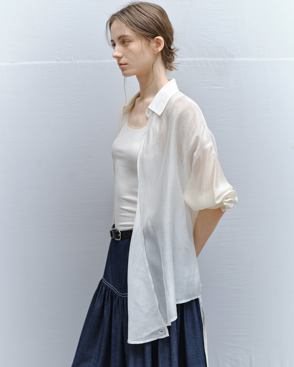 Bi-color Asymmetric Neck Sheer Shirt