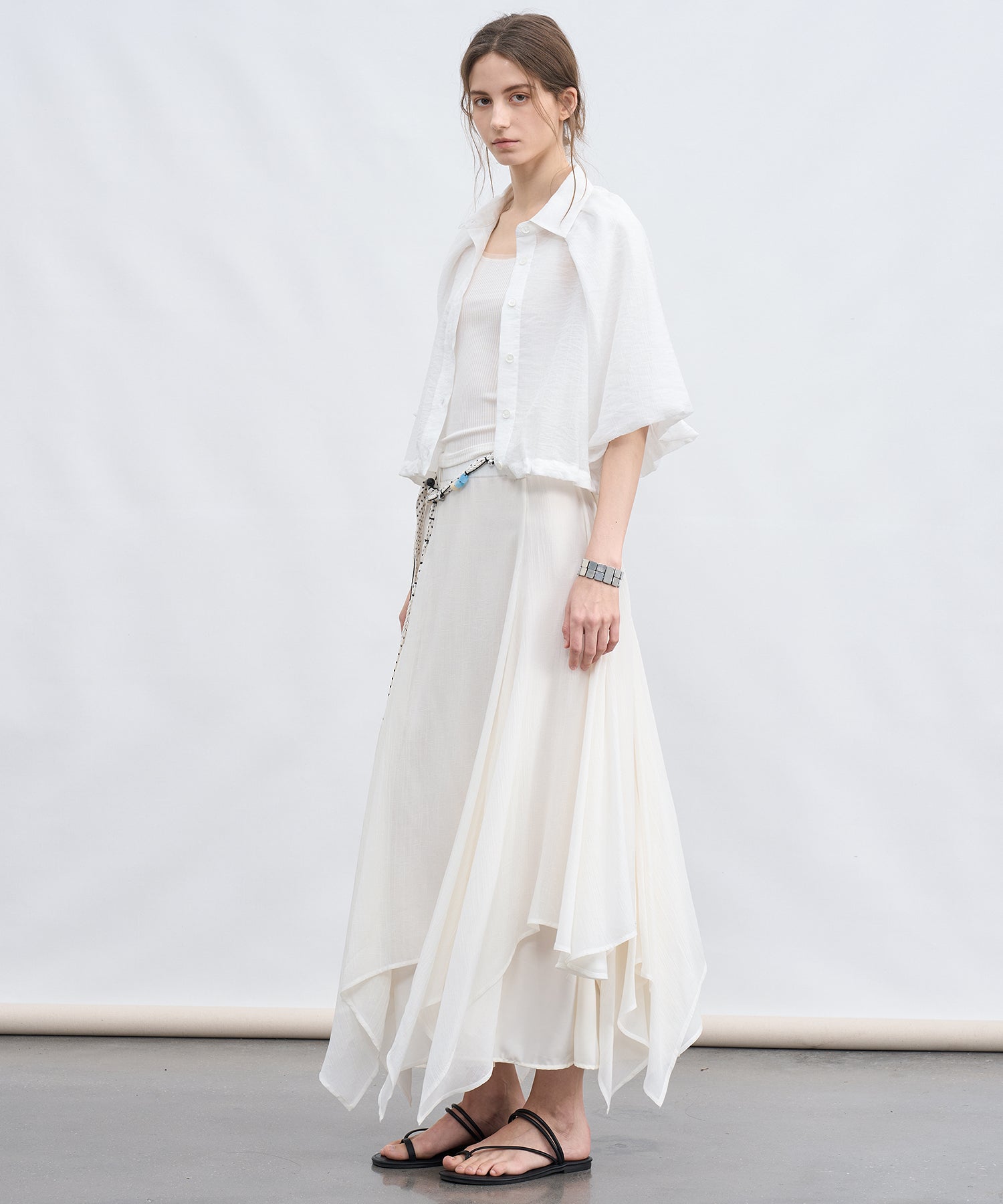 「7月上旬~中旬出荷」Sheer Stripe Balloon Sleeve Cropped Shirt