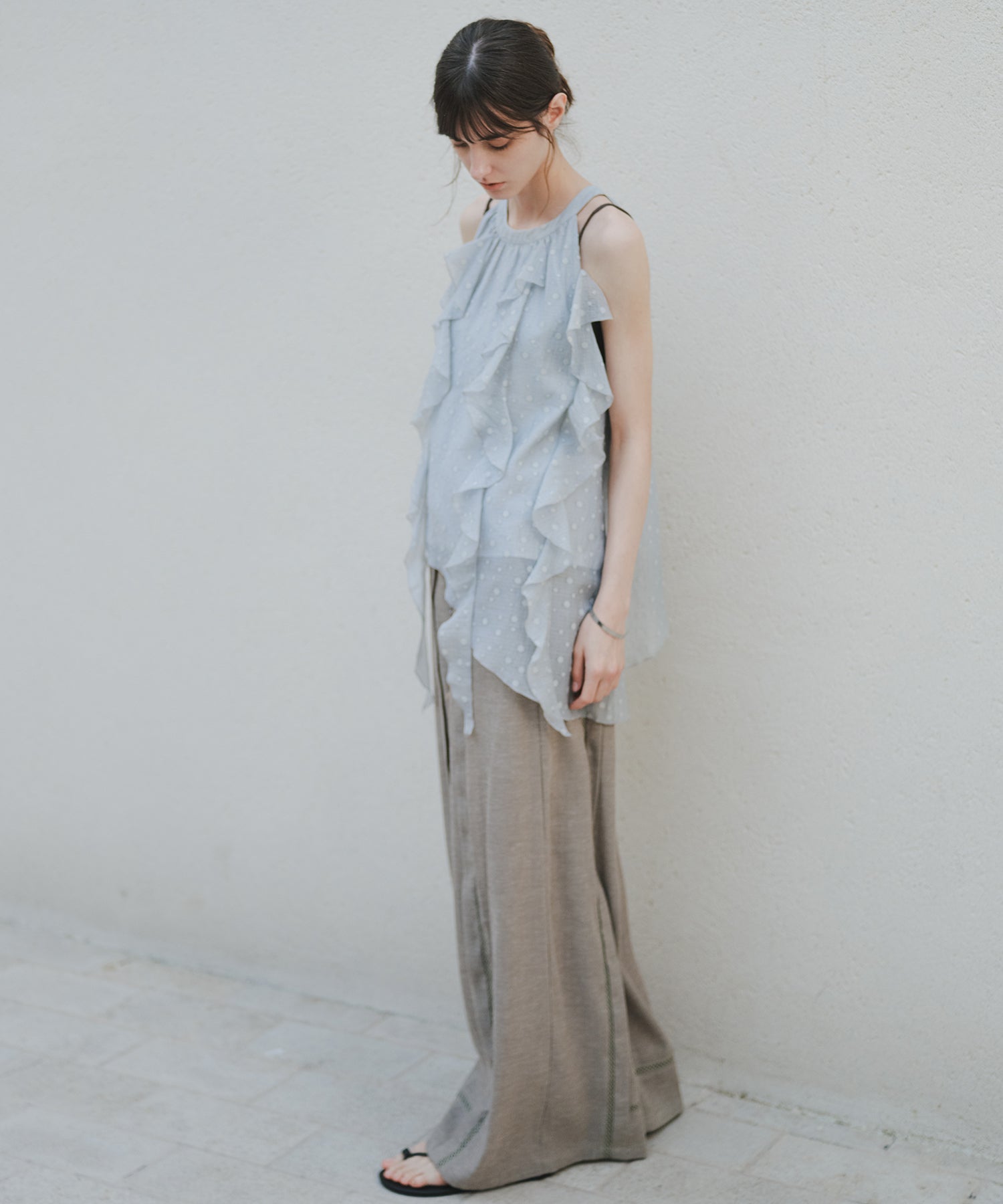 「8月中旬~下旬出荷」Front Lace Linen Blend Wide Pants