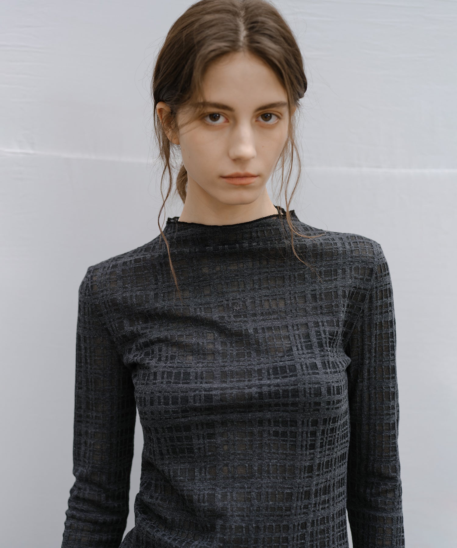 "Shipping from early to mid-March" Check Pattern Sheer Mesh Long Sleeve Top