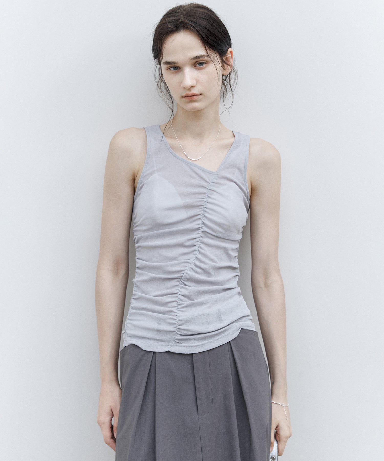 Asymmetric Gather Sheer Sleeveless Top