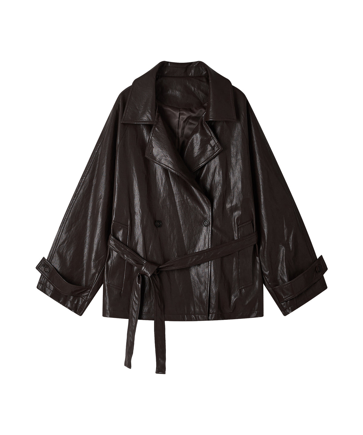 「9月下旬出荷予定」Belted Faux Leather Short Trench Jacket