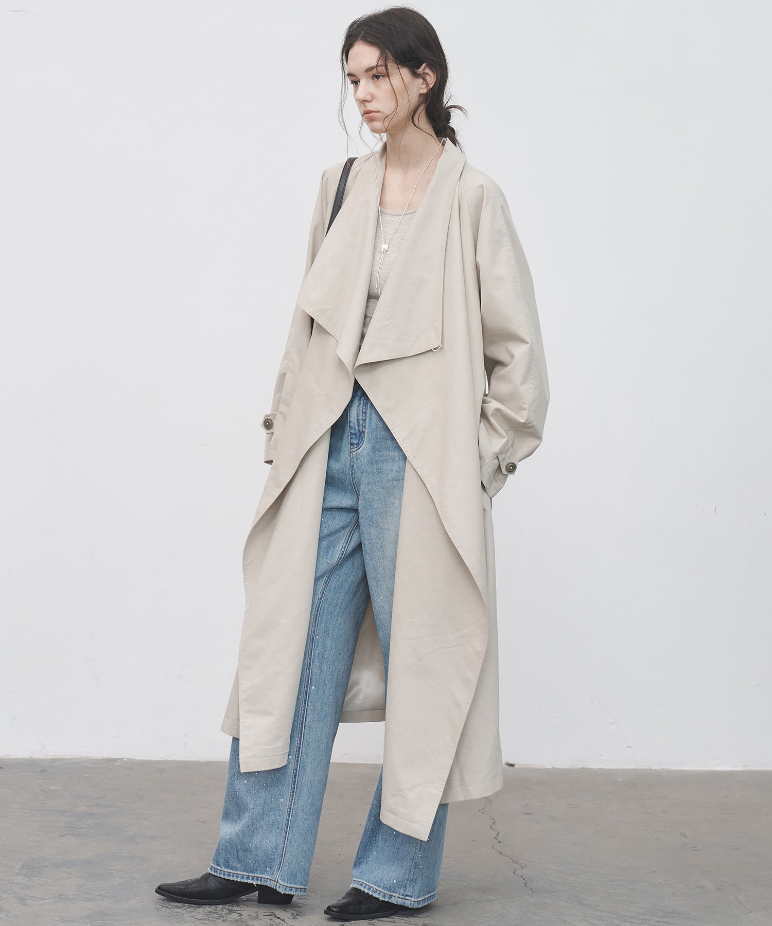 Layered Drape-Neck Trench Coat – Oversized Long Silhouette