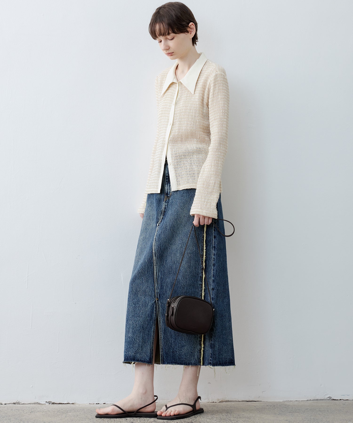 Two-Tone Openwork Knit Shirt Blouse