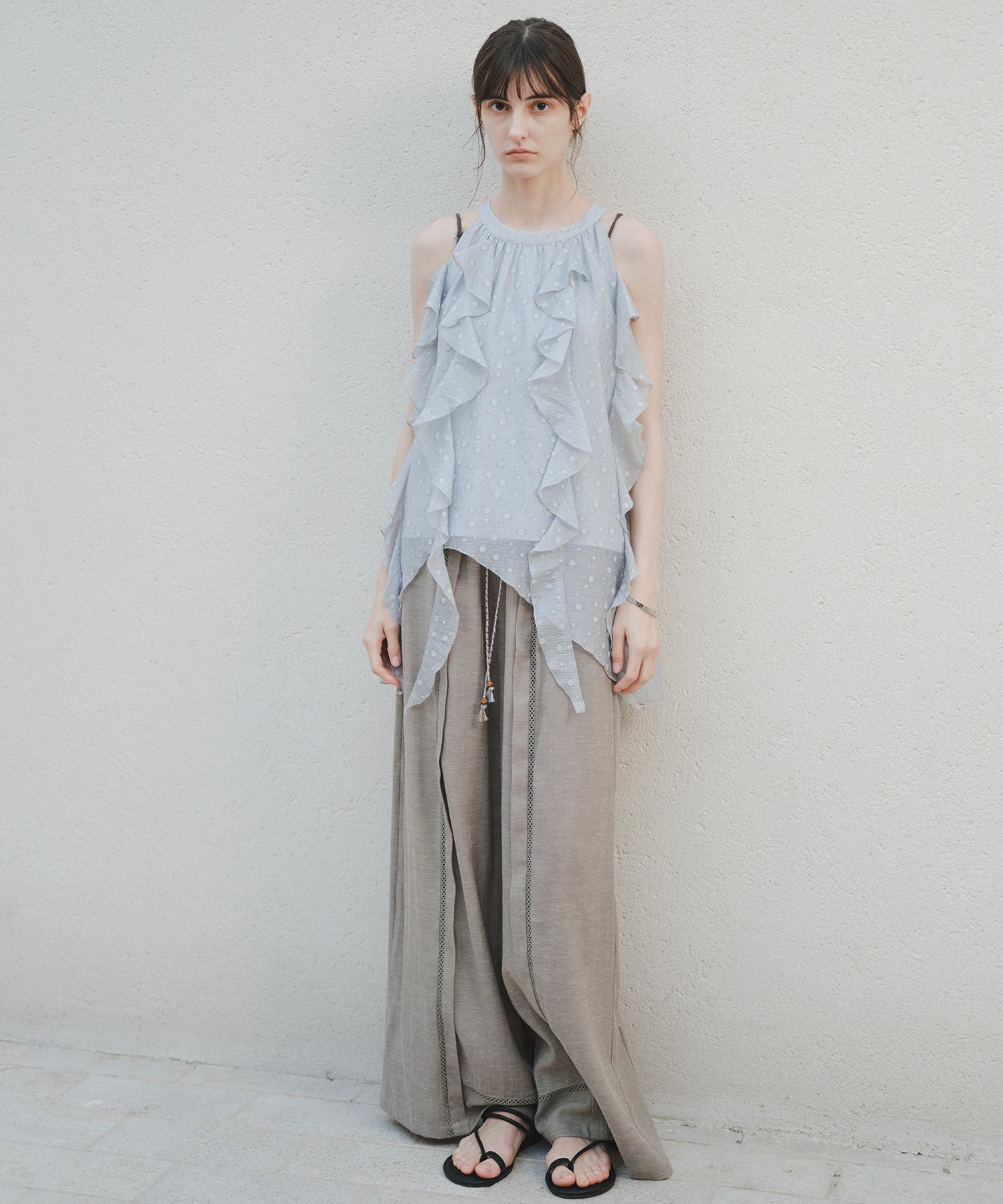 「8月中旬~下旬出荷」Front Lace Linen Blend Wide Pants