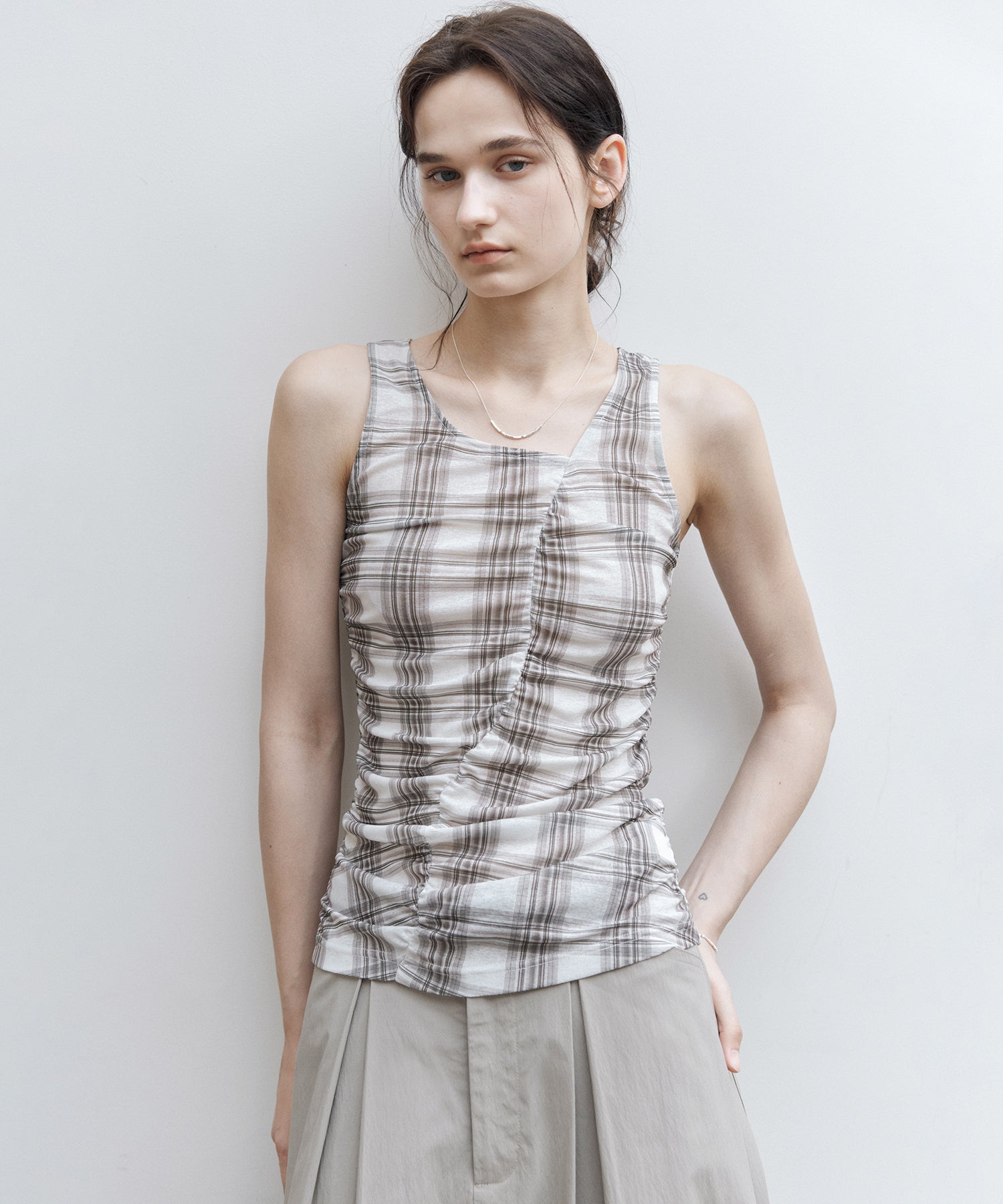 Asymmetric Gather Sheer Sleeveless Top