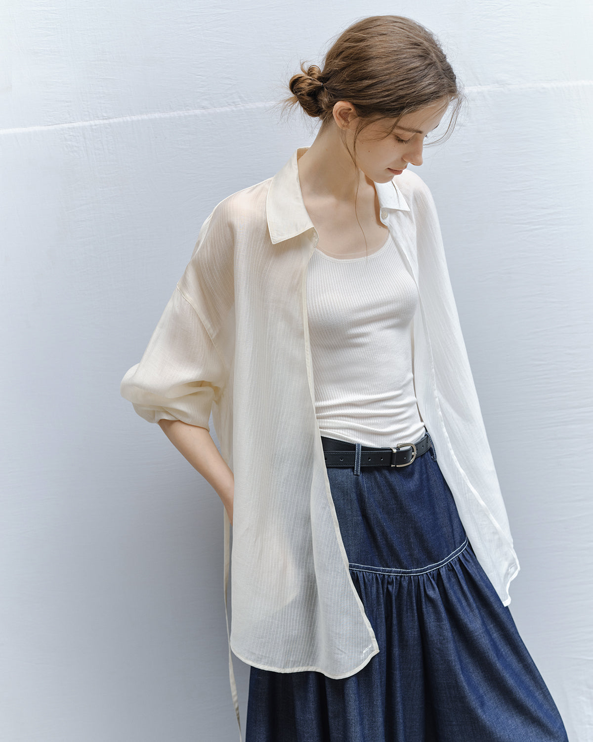 Bi-color Asymmetric Neck Sheer Shirt