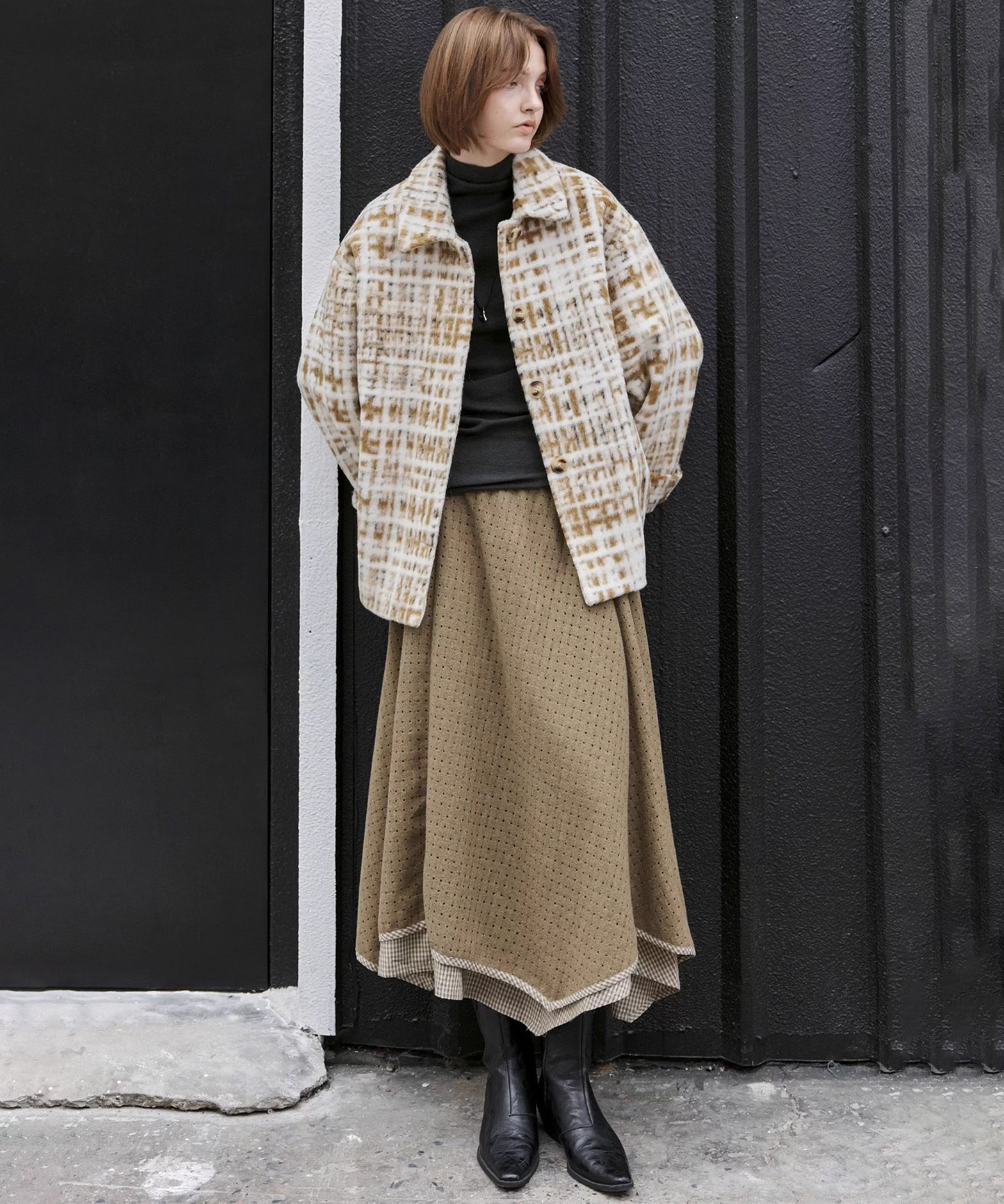 Hazy Plaid Tailored Wool Short Over-coat