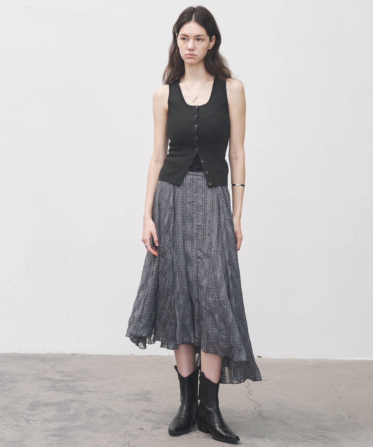 Asymmetric Hem Crinkled Check Midi Skirt – A-Line Silhouette