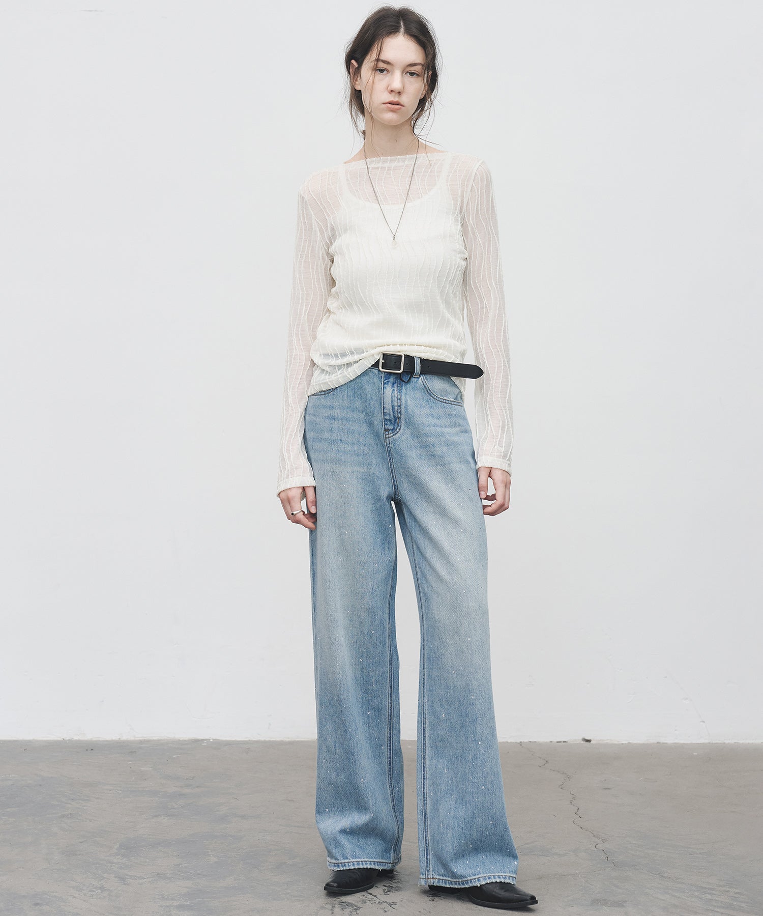 Jacquard Mesh Boat Neck Top – Sheer Long Sleeve Tee