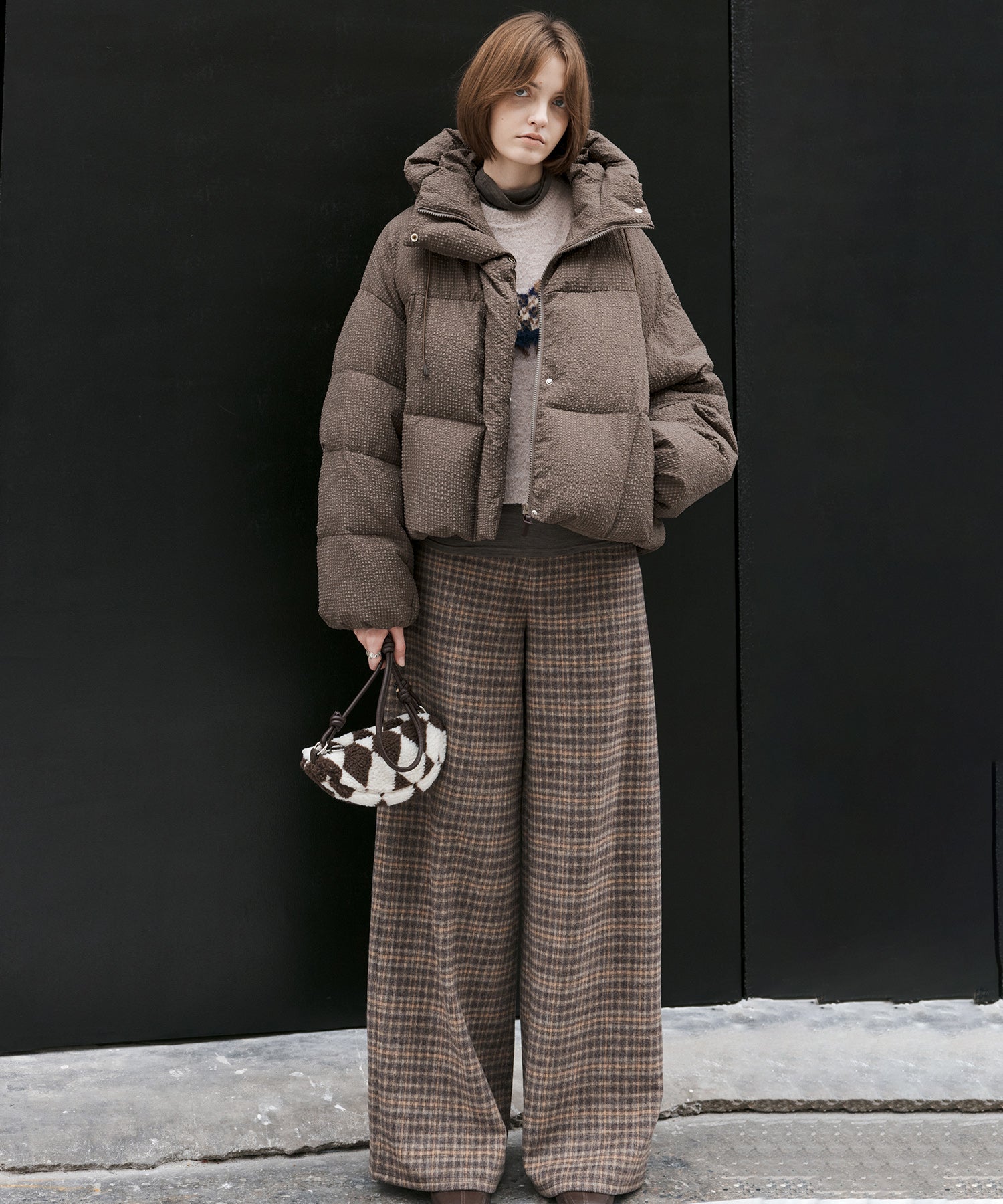 Wool Blend Yarn-Dyed Vintage Check Brushed Wide-Leg Pants