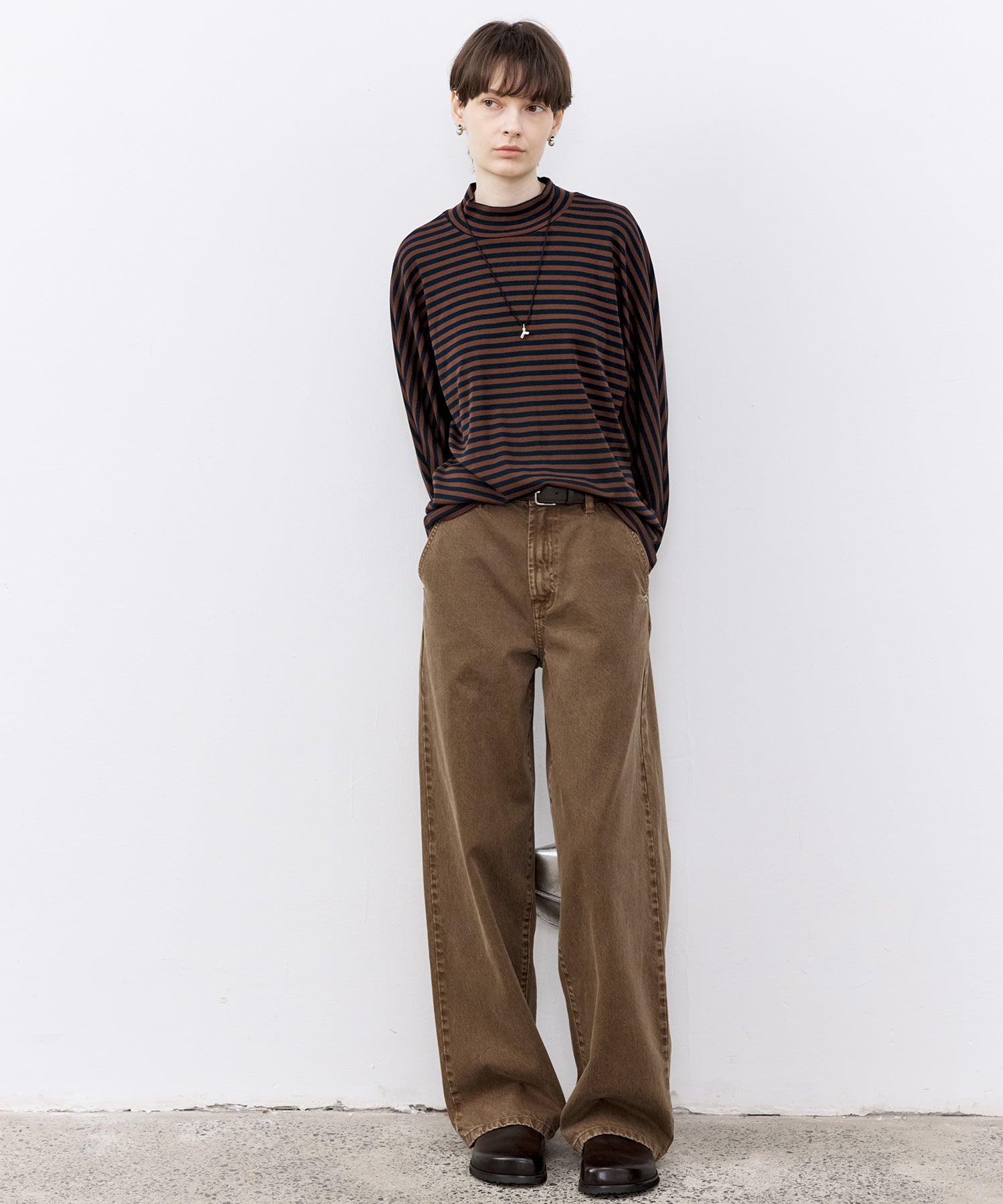 Wool Blend Striped Bihigh Neck Long Sleeve Tee