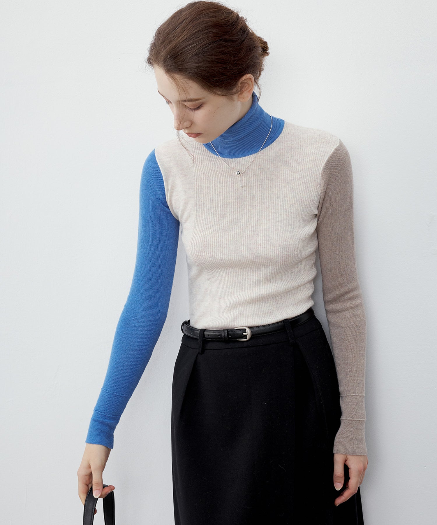 Bicolor High Neck Wool Knit Top
