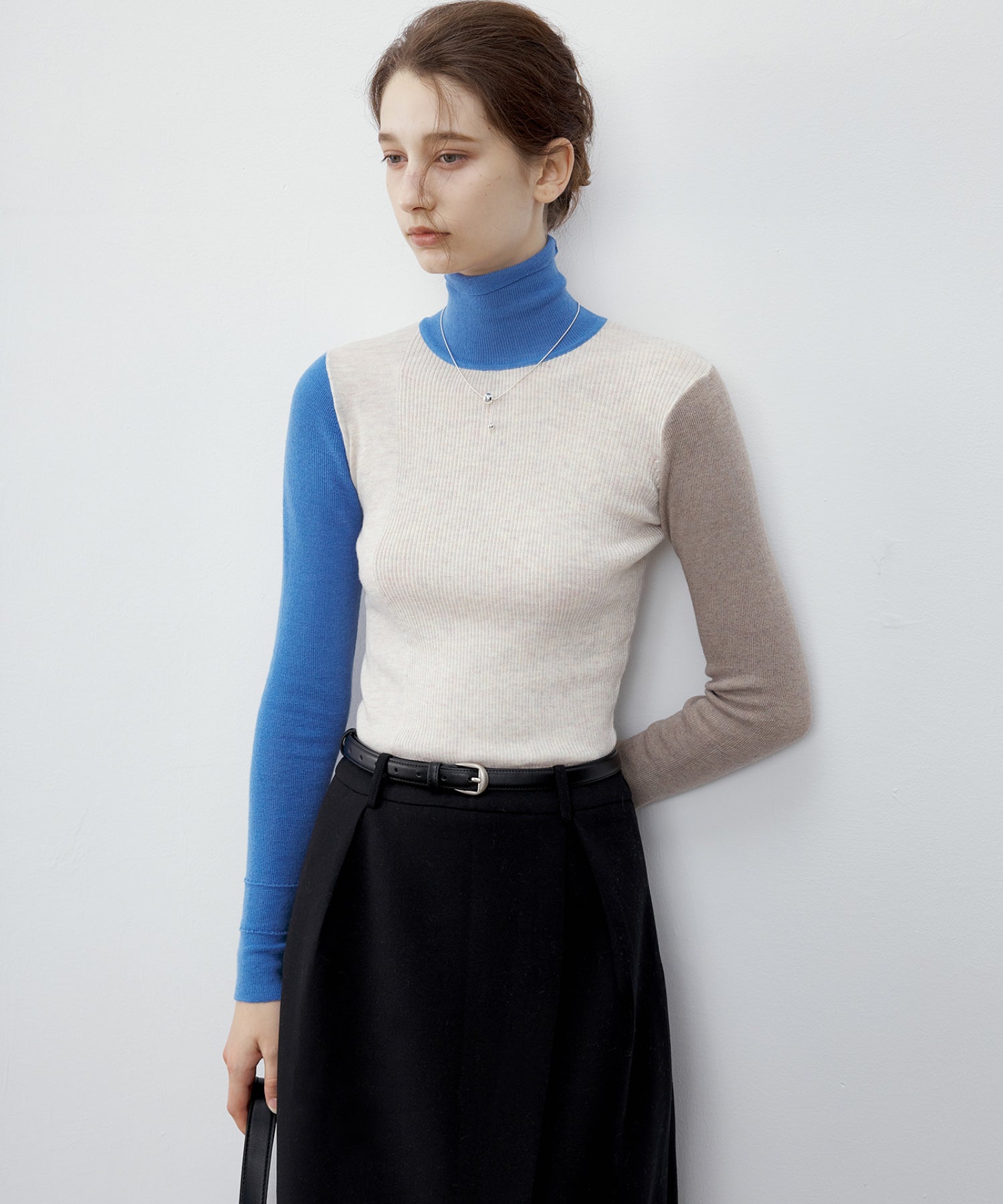 Bicolor High Neck Wool Knit Top