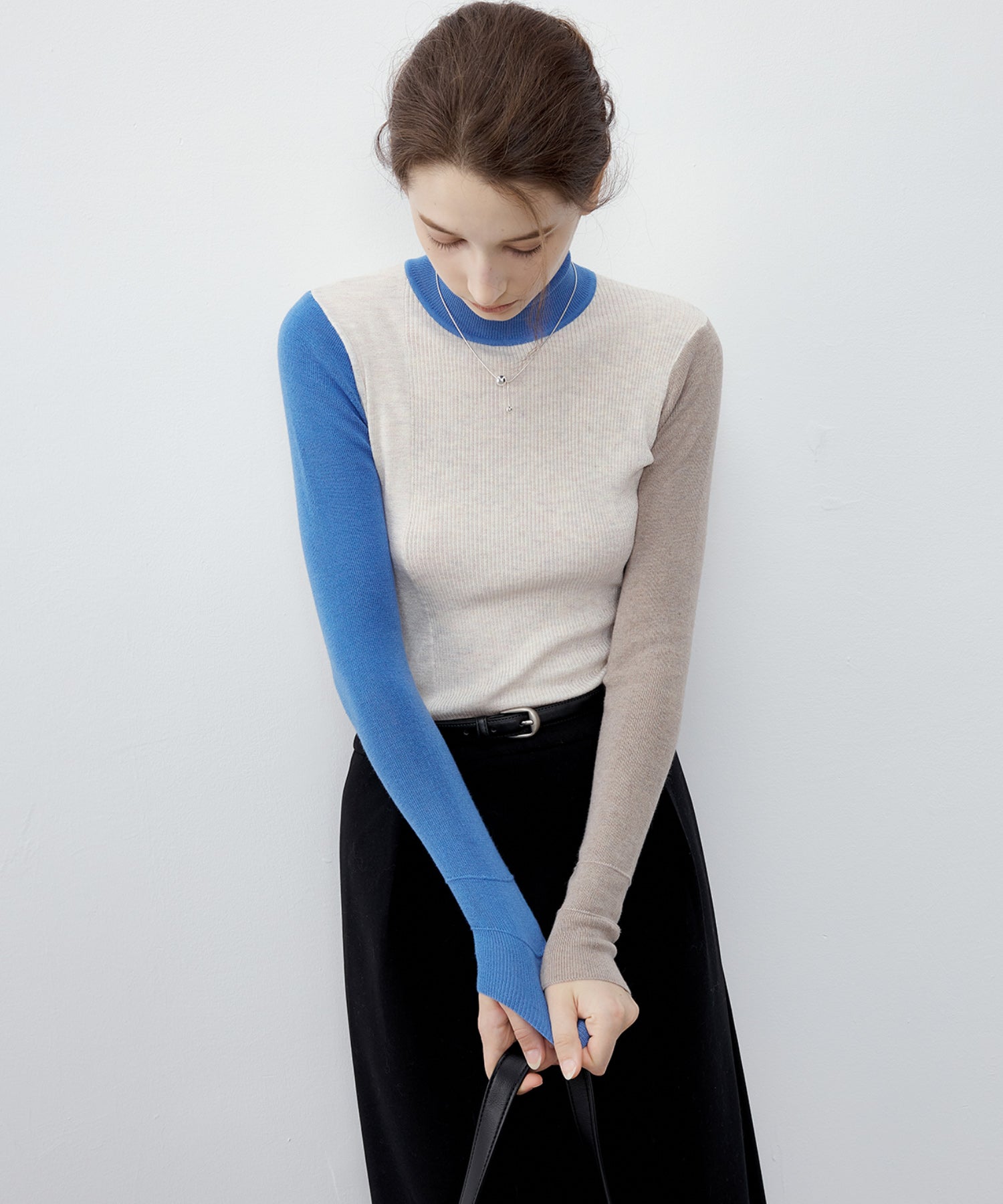 Bicolor High Neck Wool Knit Top
