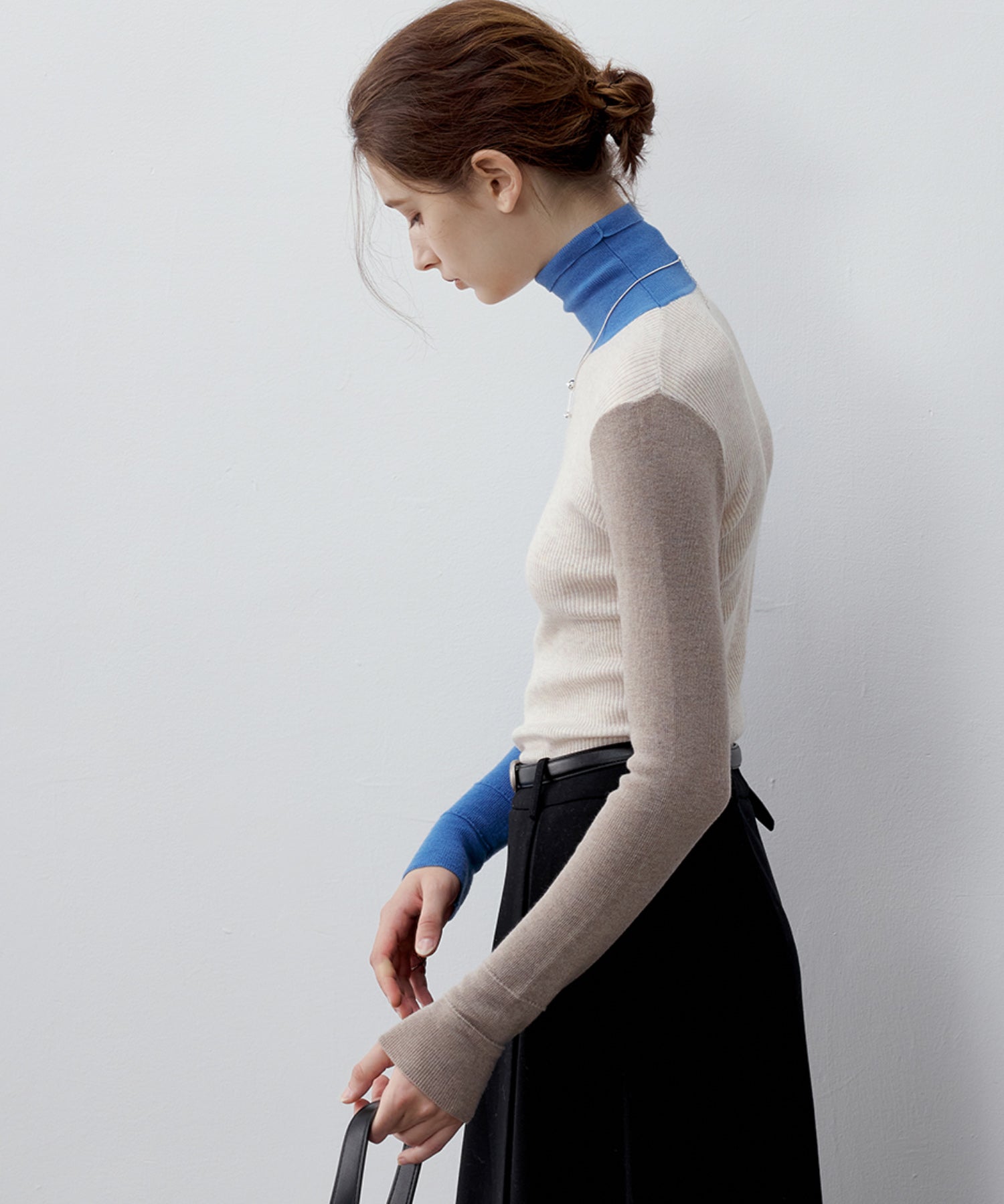 Bicolor High Neck Wool Knit Top