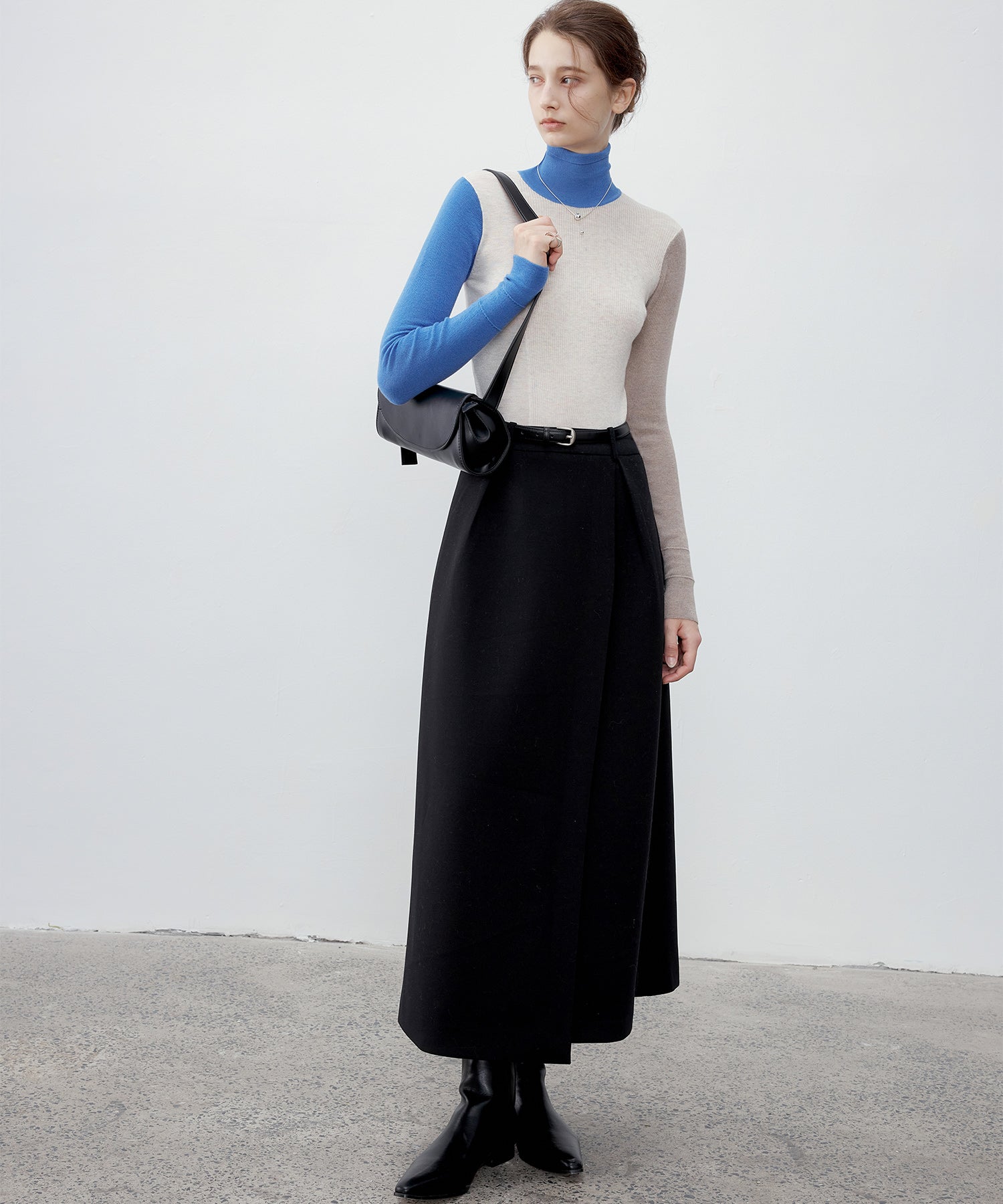 Bicolor High Neck Wool Knit Top