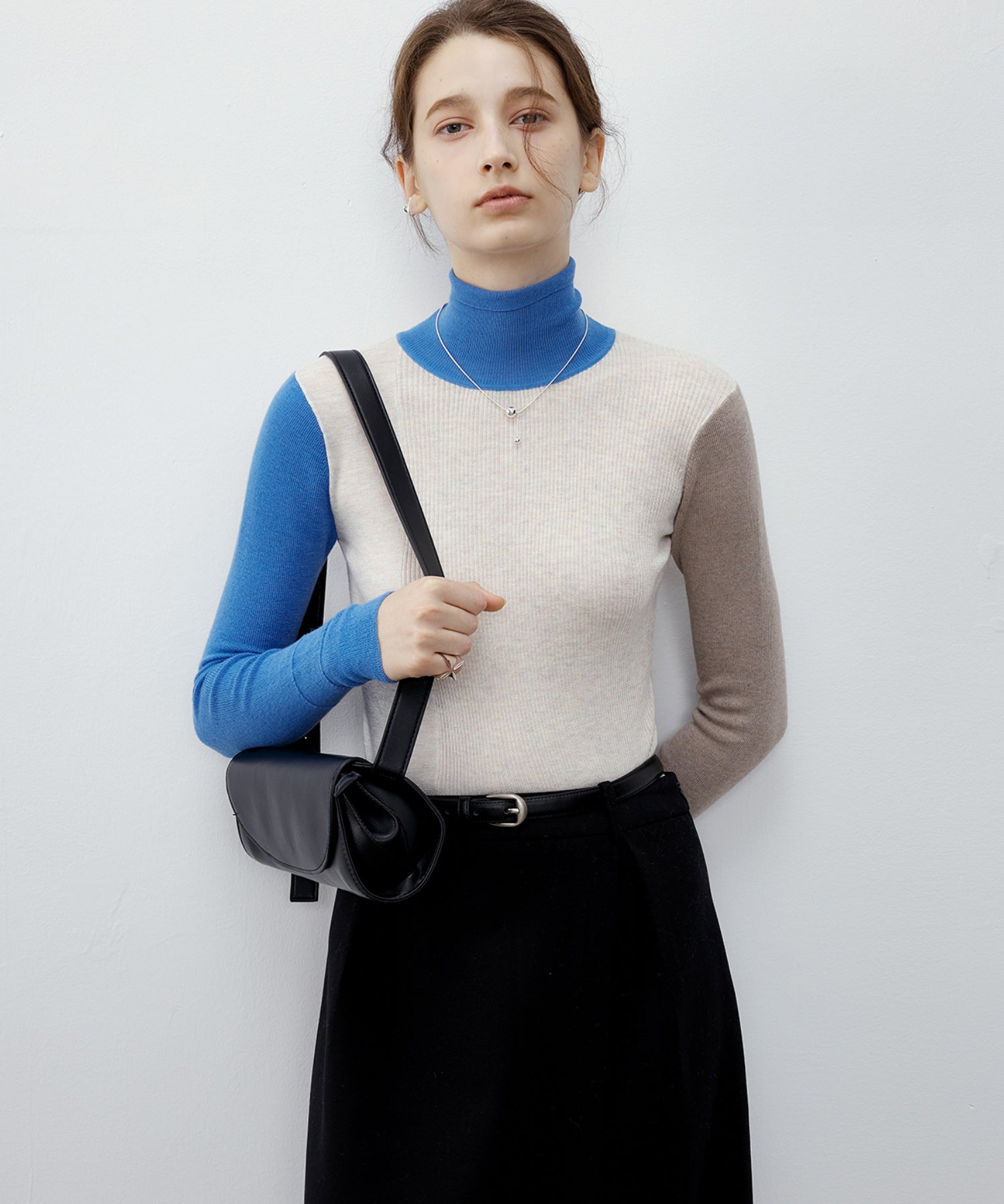 Bicolor High Neck Wool Knit Top