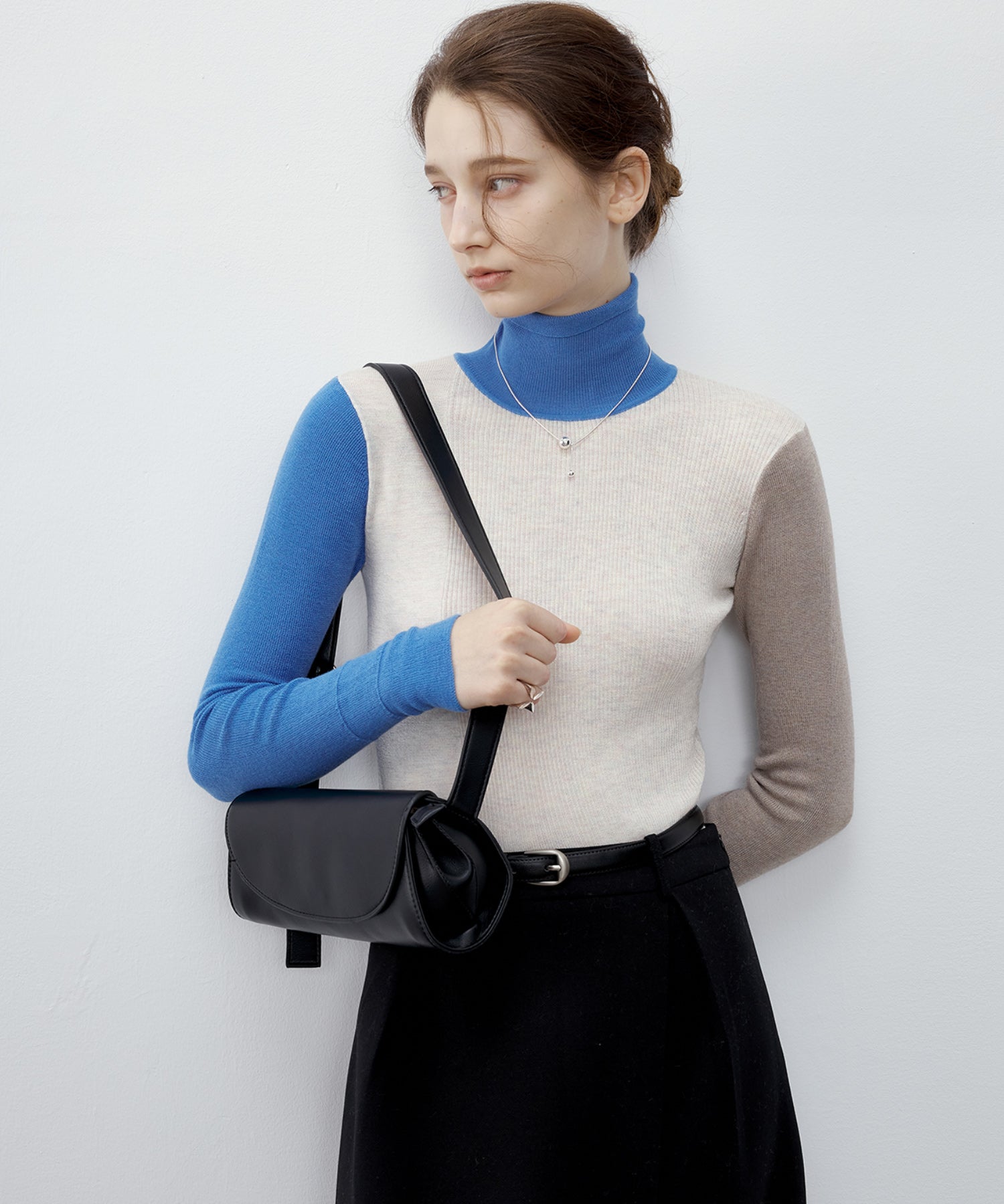 Bicolor High Neck Wool Knit Top