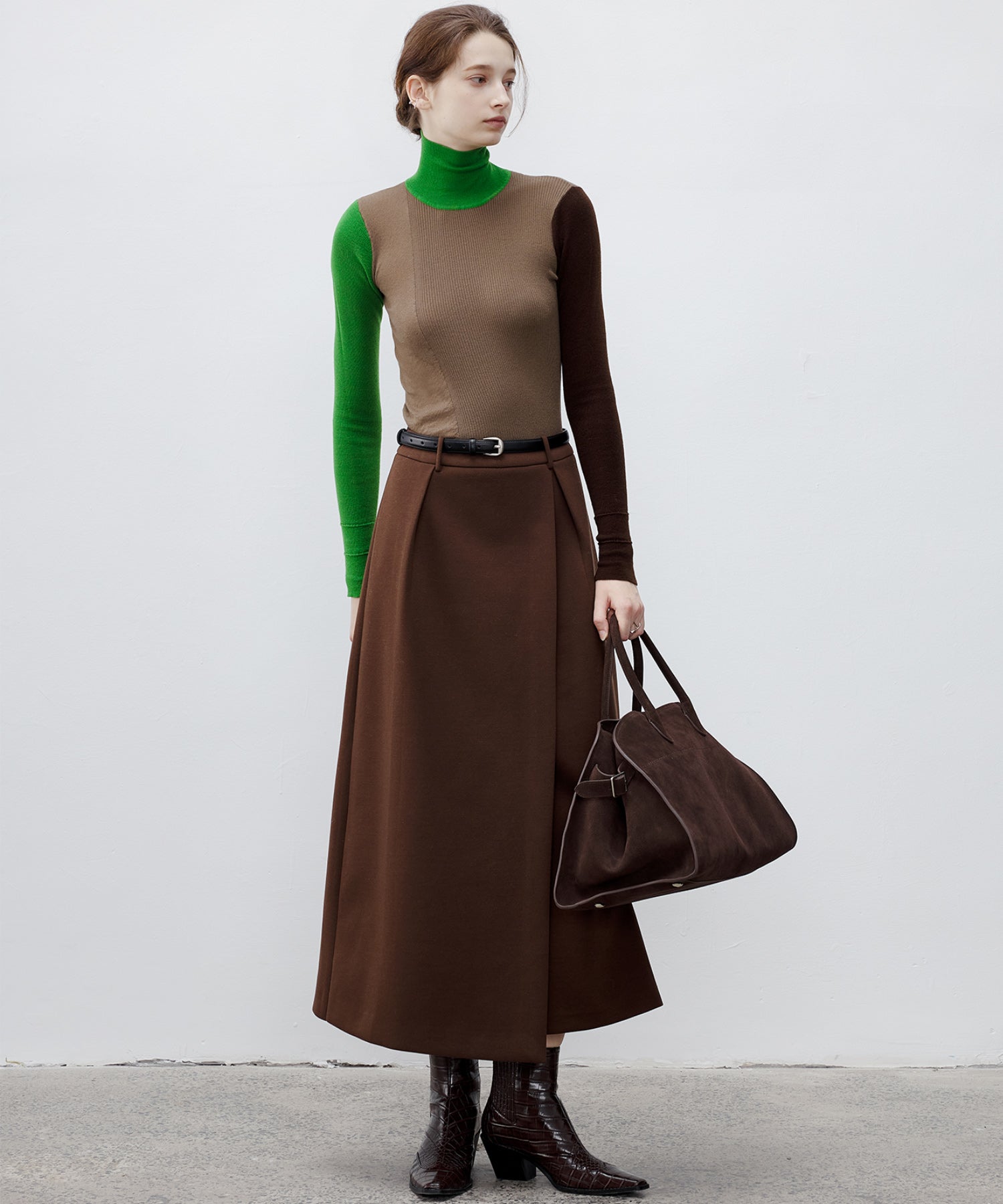 Bicolor High Neck Wool Knit Top