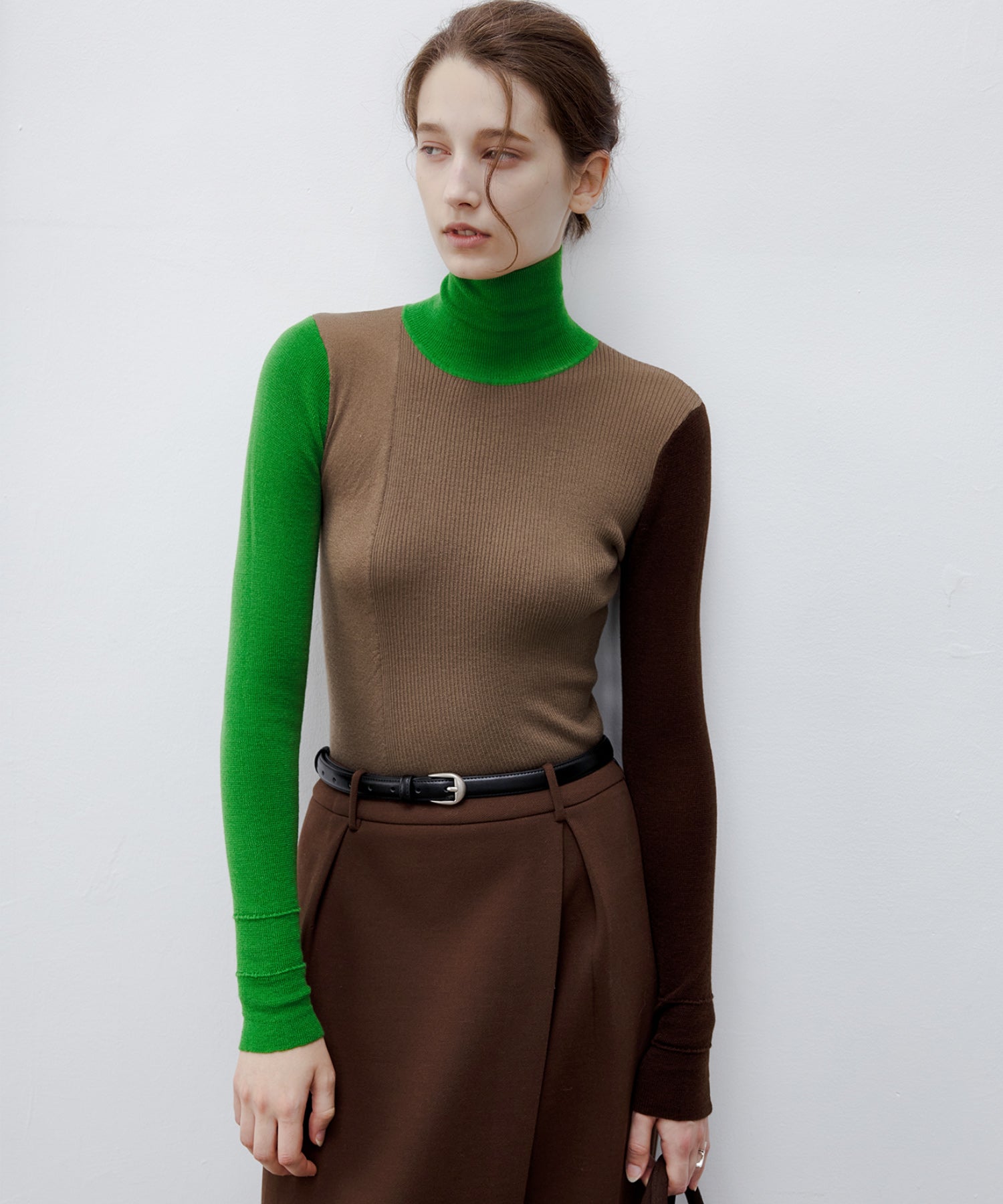 Bicolor High Neck Wool Knit Top