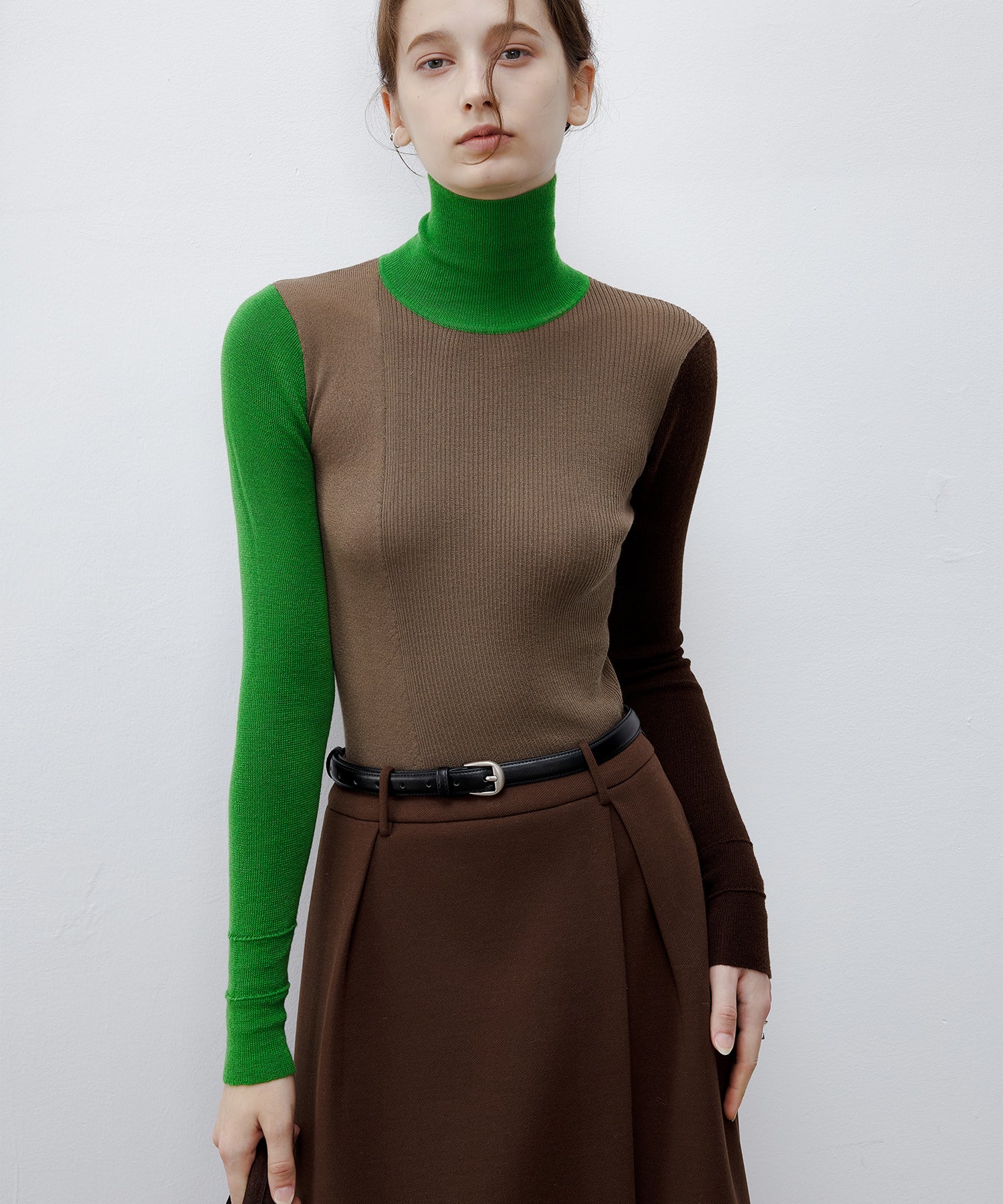 Bicolor High Neck Wool Knit Top