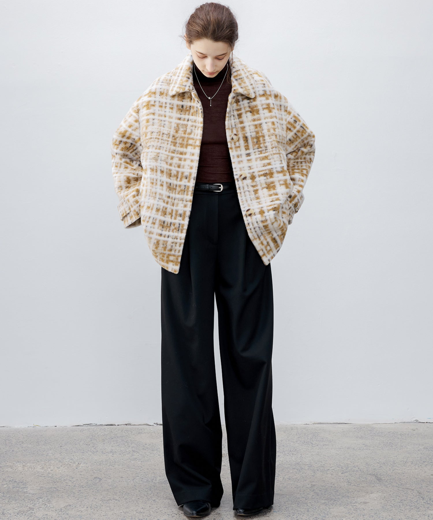 Hazy Plaid Tailored Wool Short Over-coat