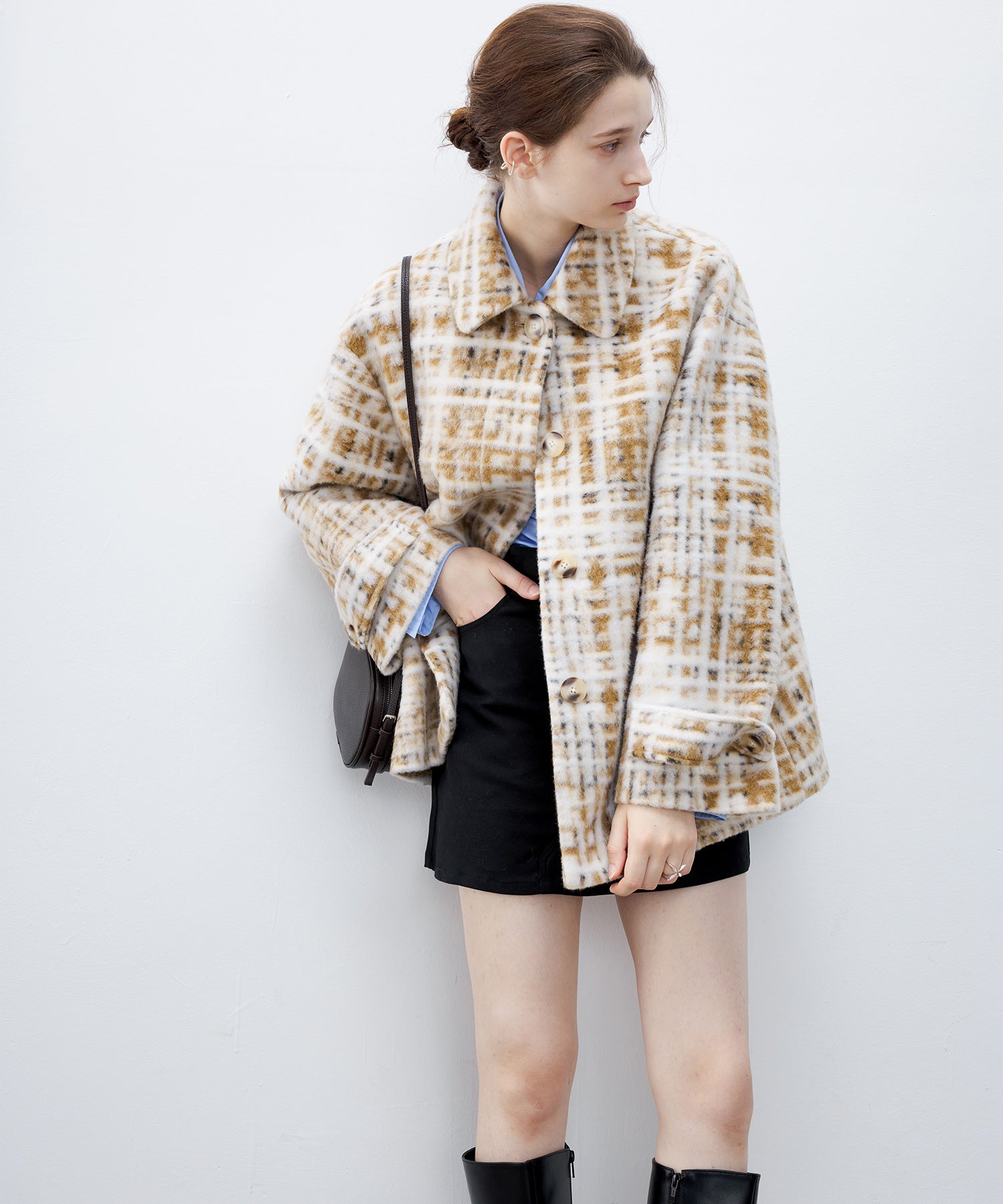 Hazy Plaid Tailored Wool Short Over-coat
