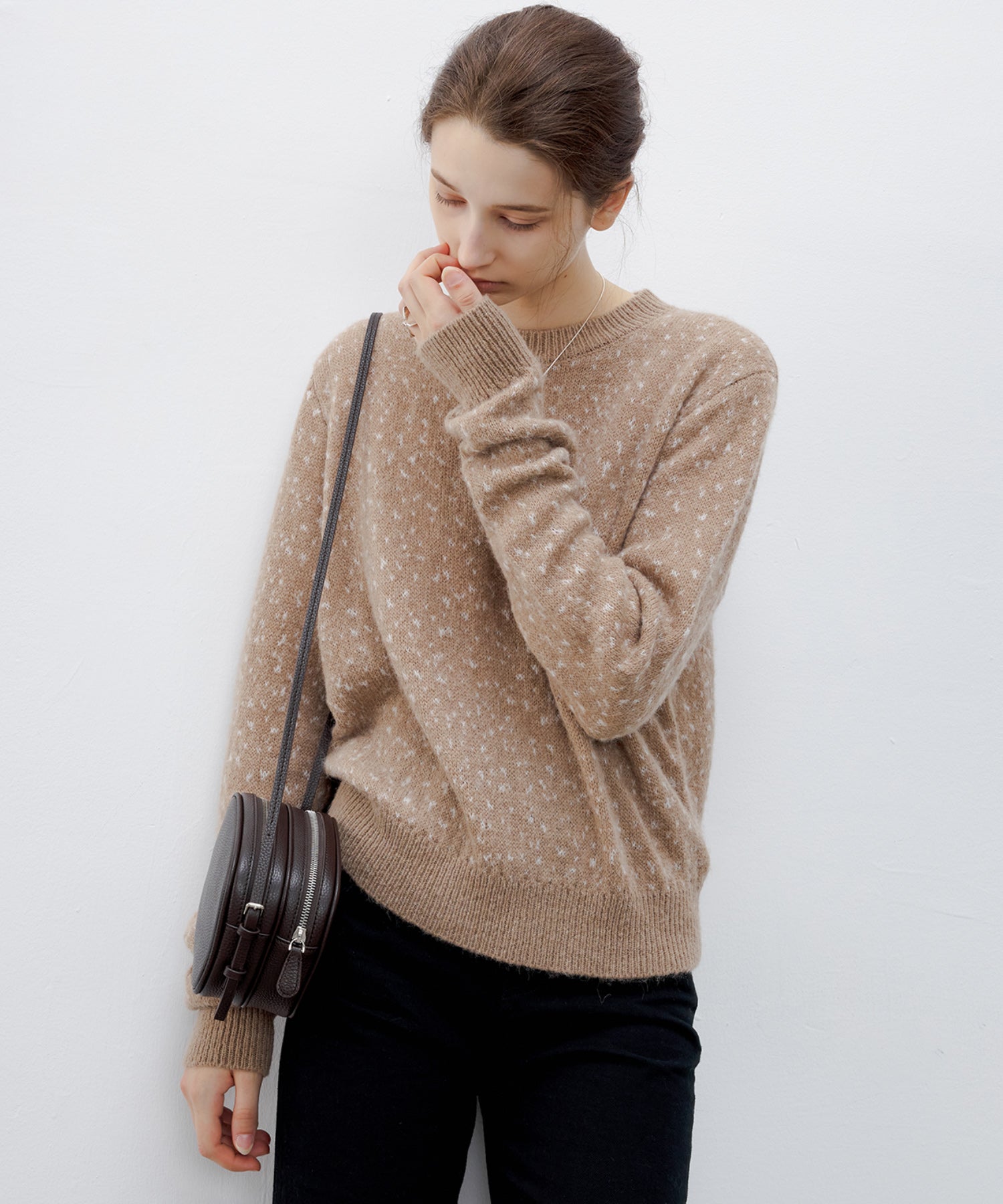 Wool blend jacquard crew neck knit