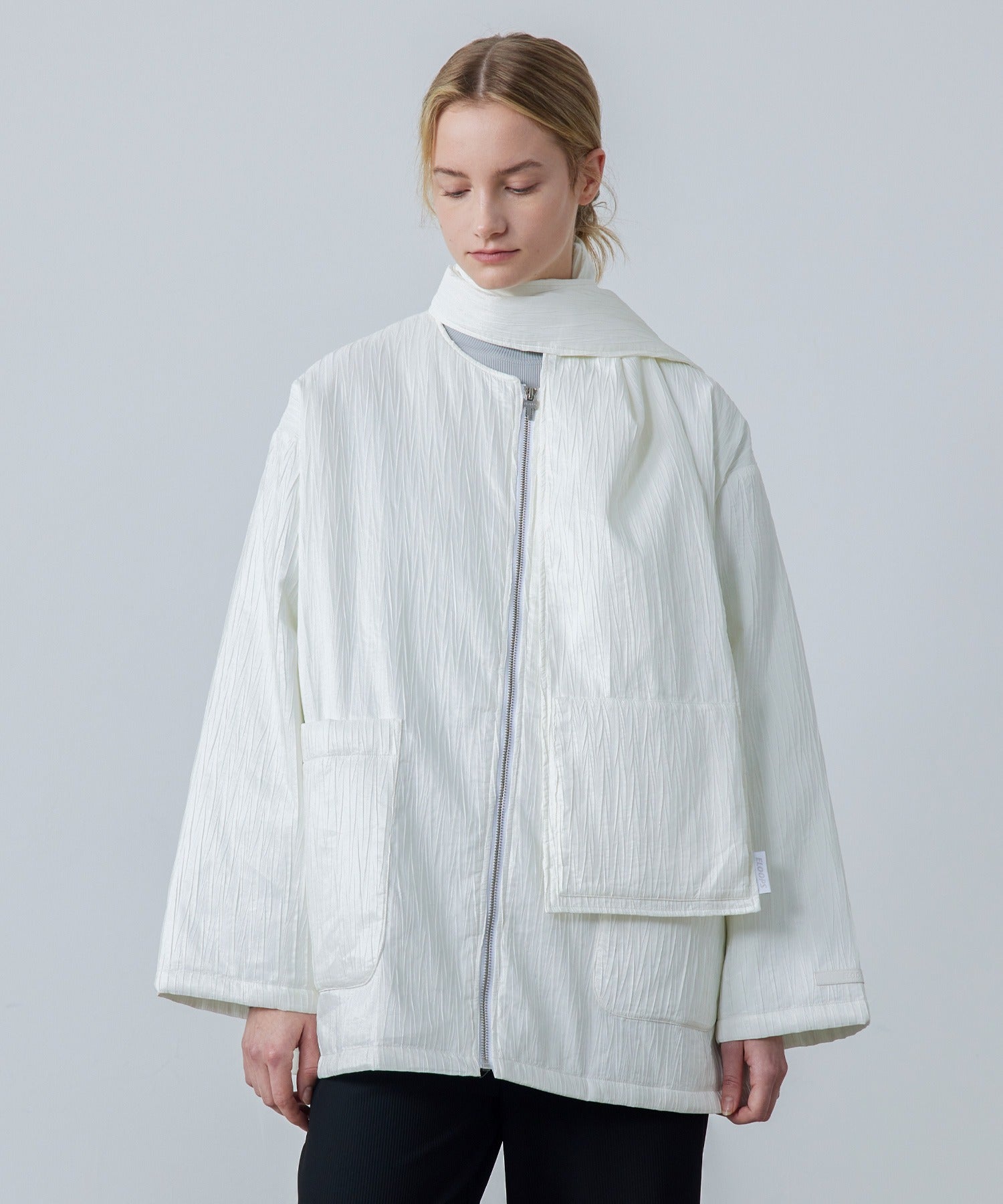 Padded No-Collar Jacket with Scarf – Crinkled Texture