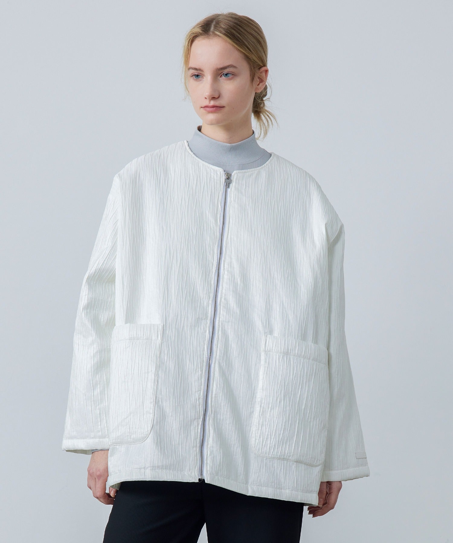Padded No-Collar Jacket with Scarf – Crinkled Texture