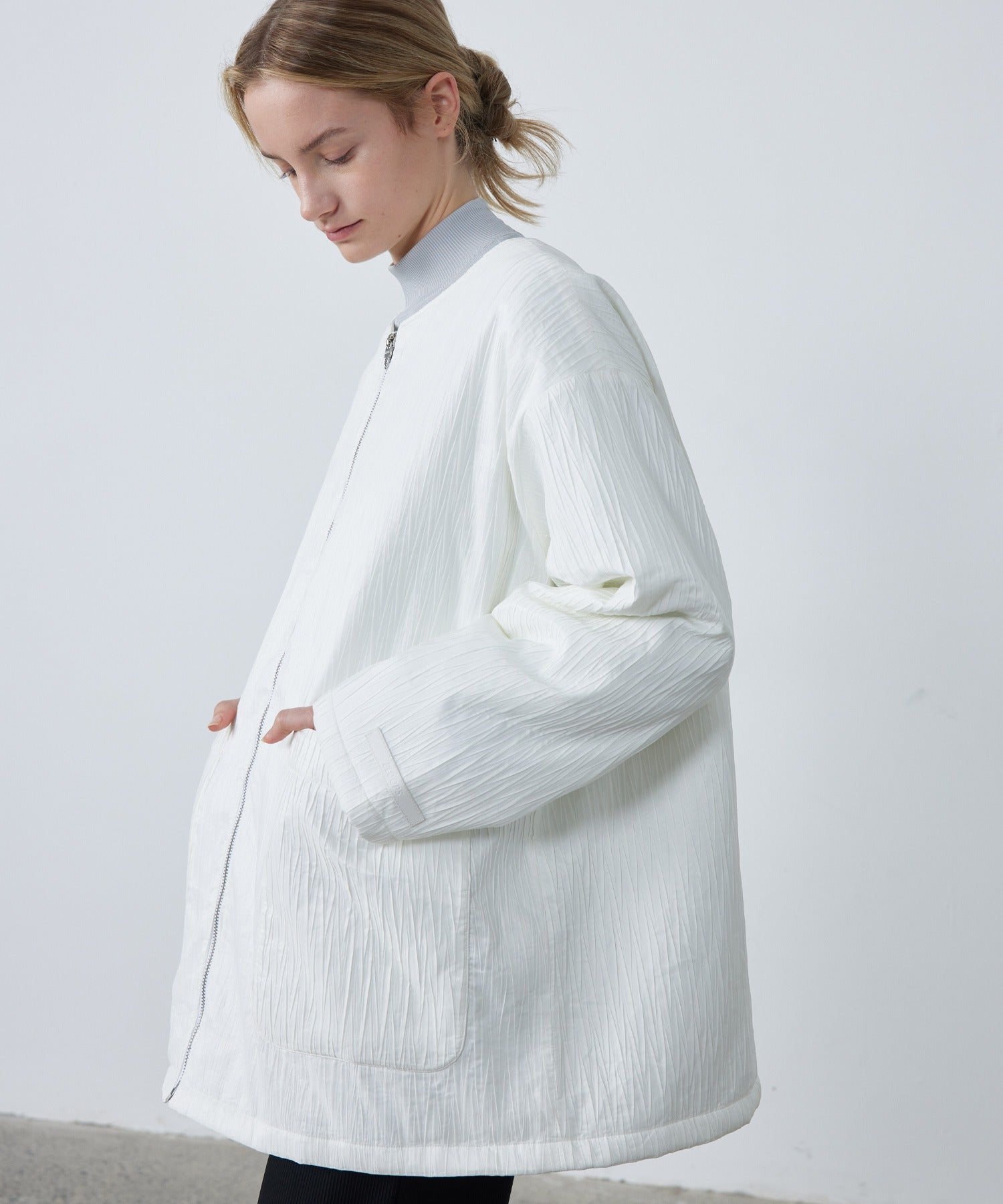 Padded No-Collar Jacket with Scarf – Crinkled Texture