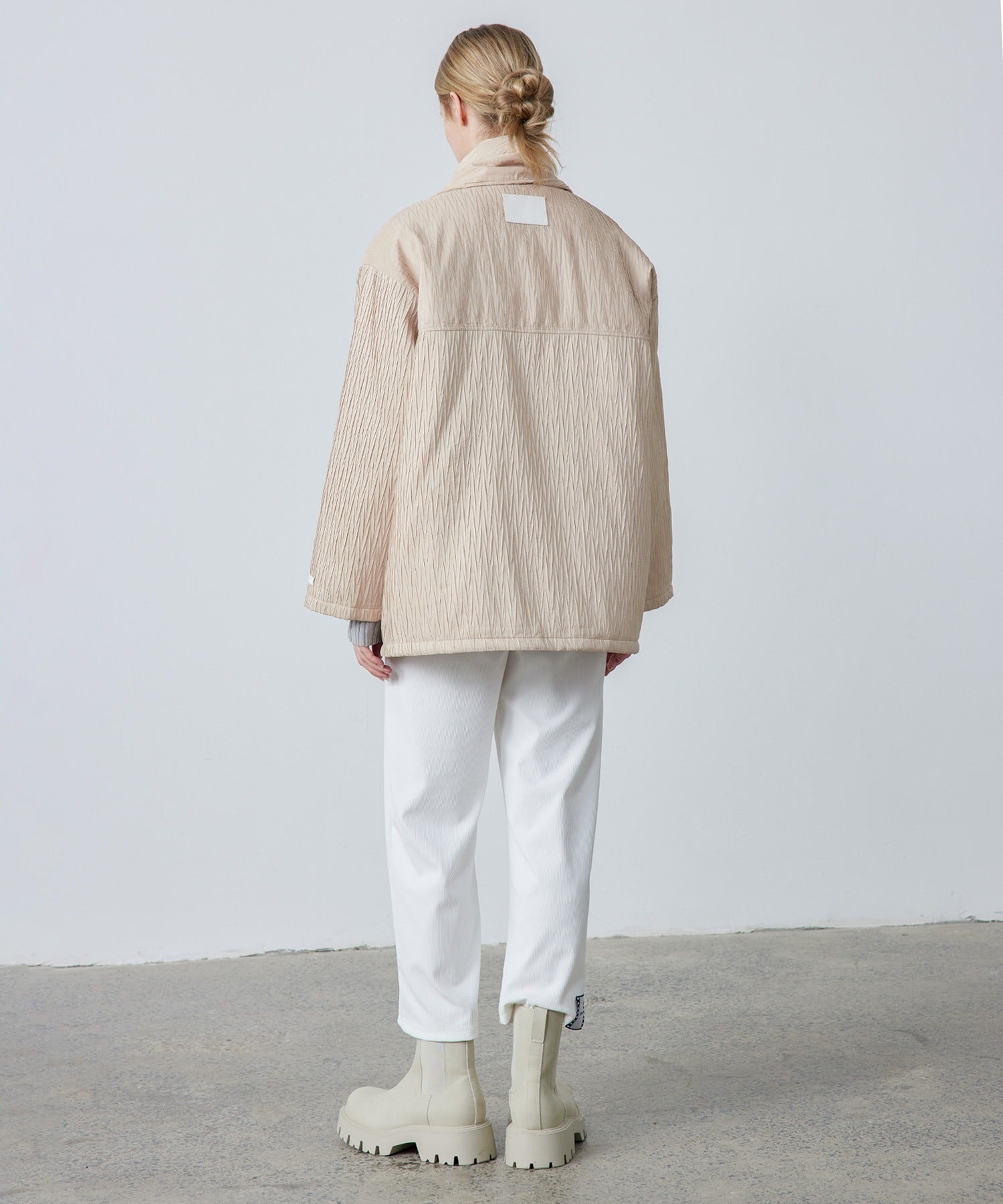 Padded No-Collar Jacket with Scarf – Crinkled Texture