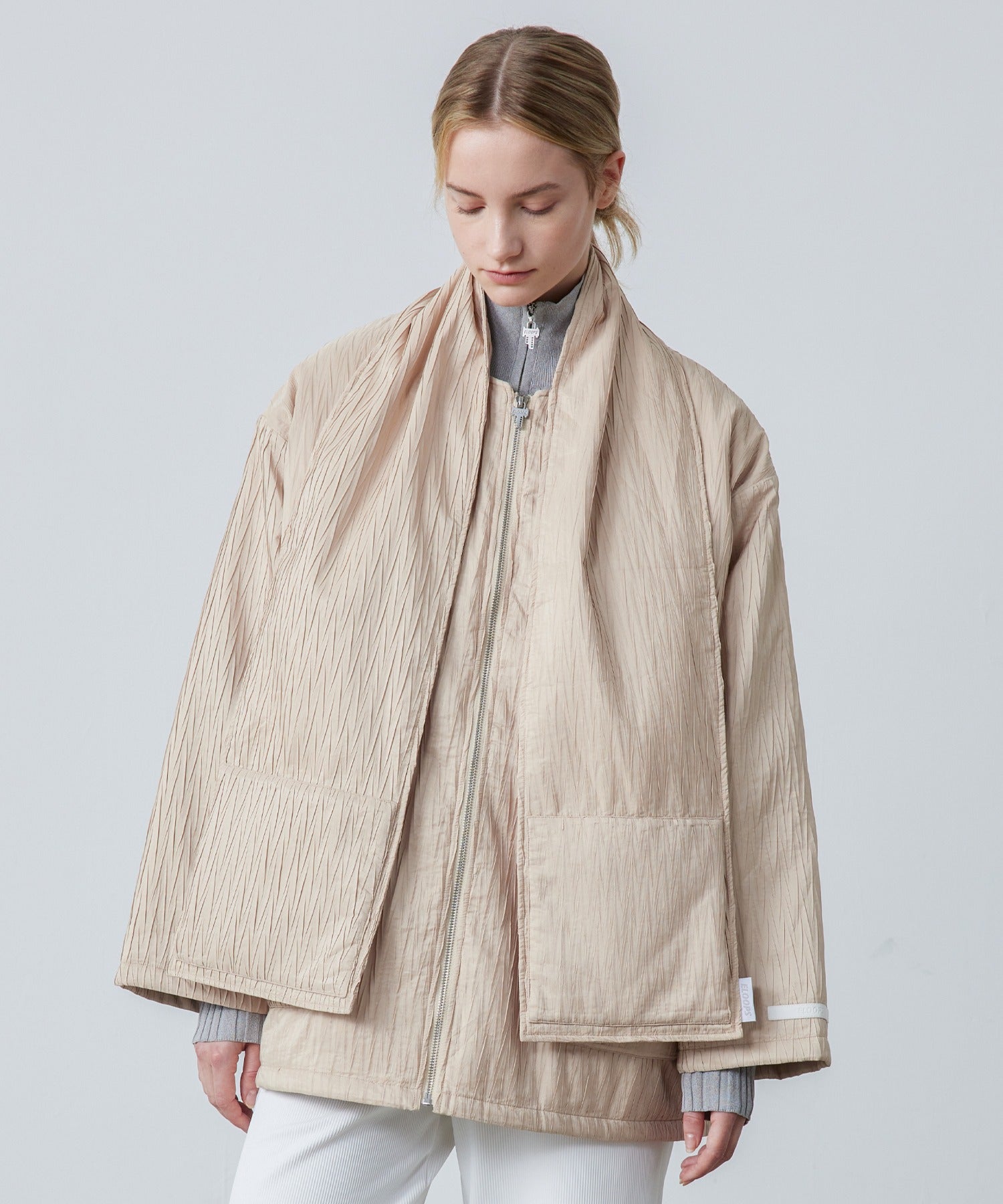 Padded No-Collar Jacket with Scarf – Crinkled Texture