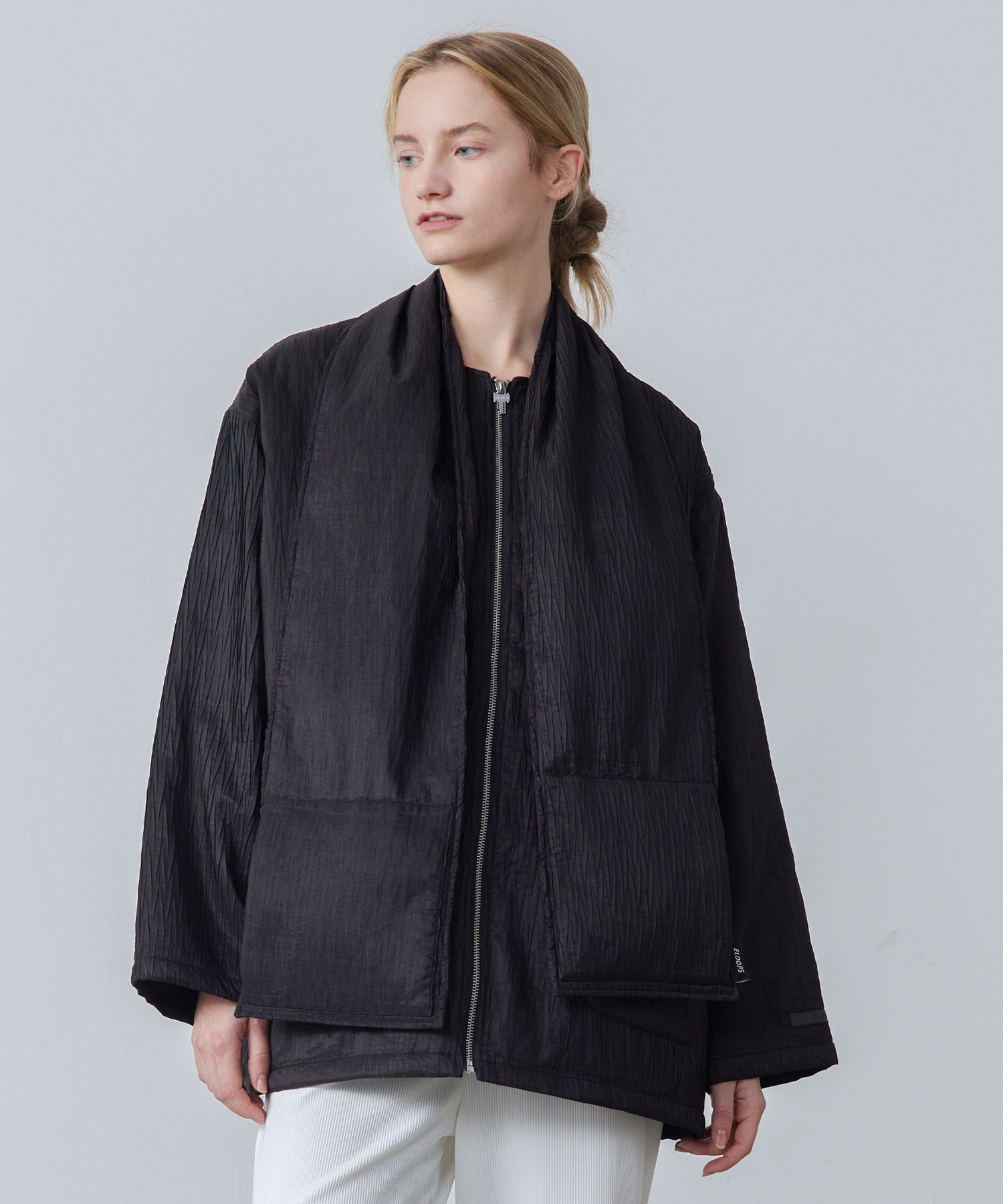 Padded No-Collar Jacket with Scarf – Crinkled Texture