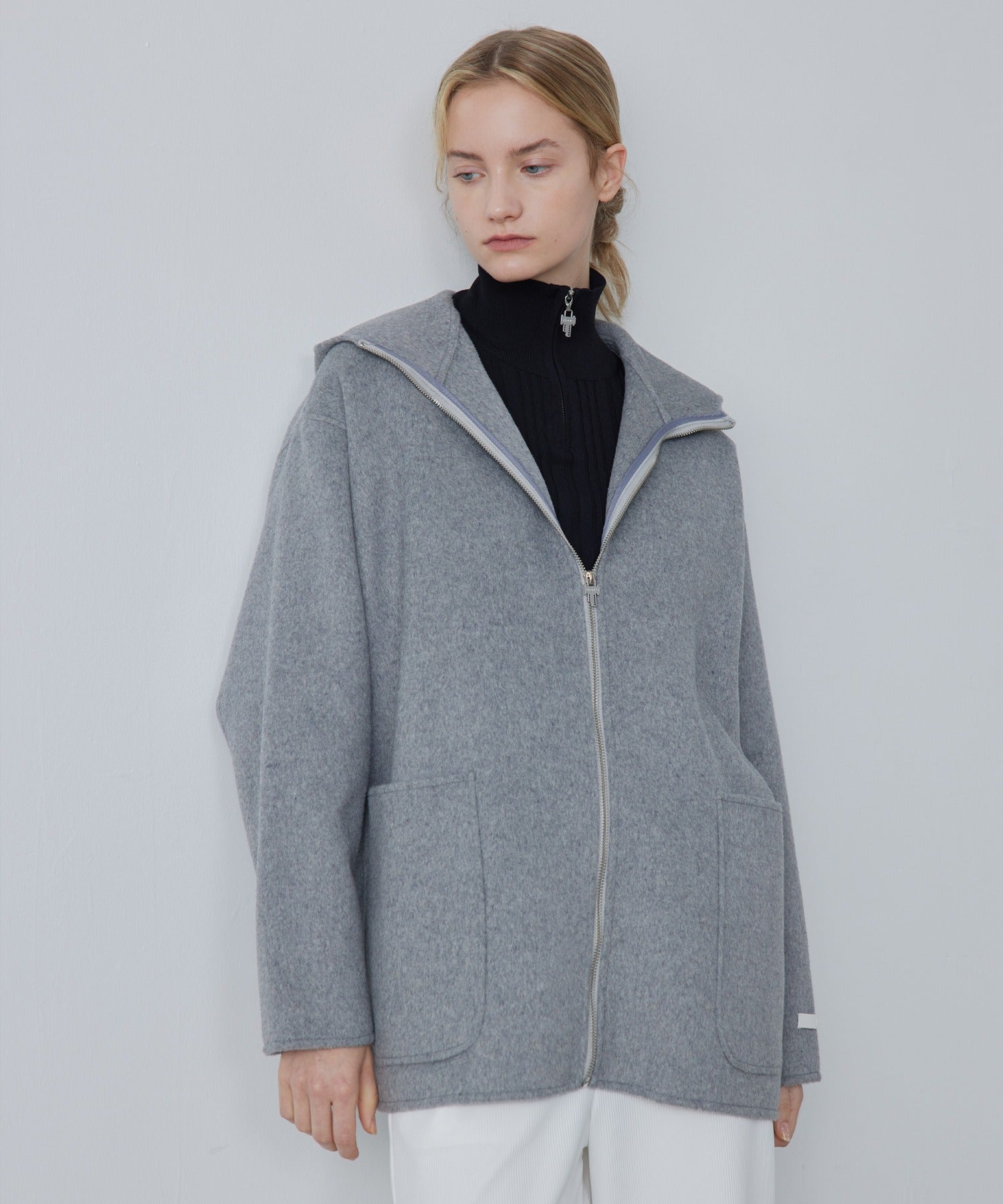 Zip-Up Wool Blend Short Coat