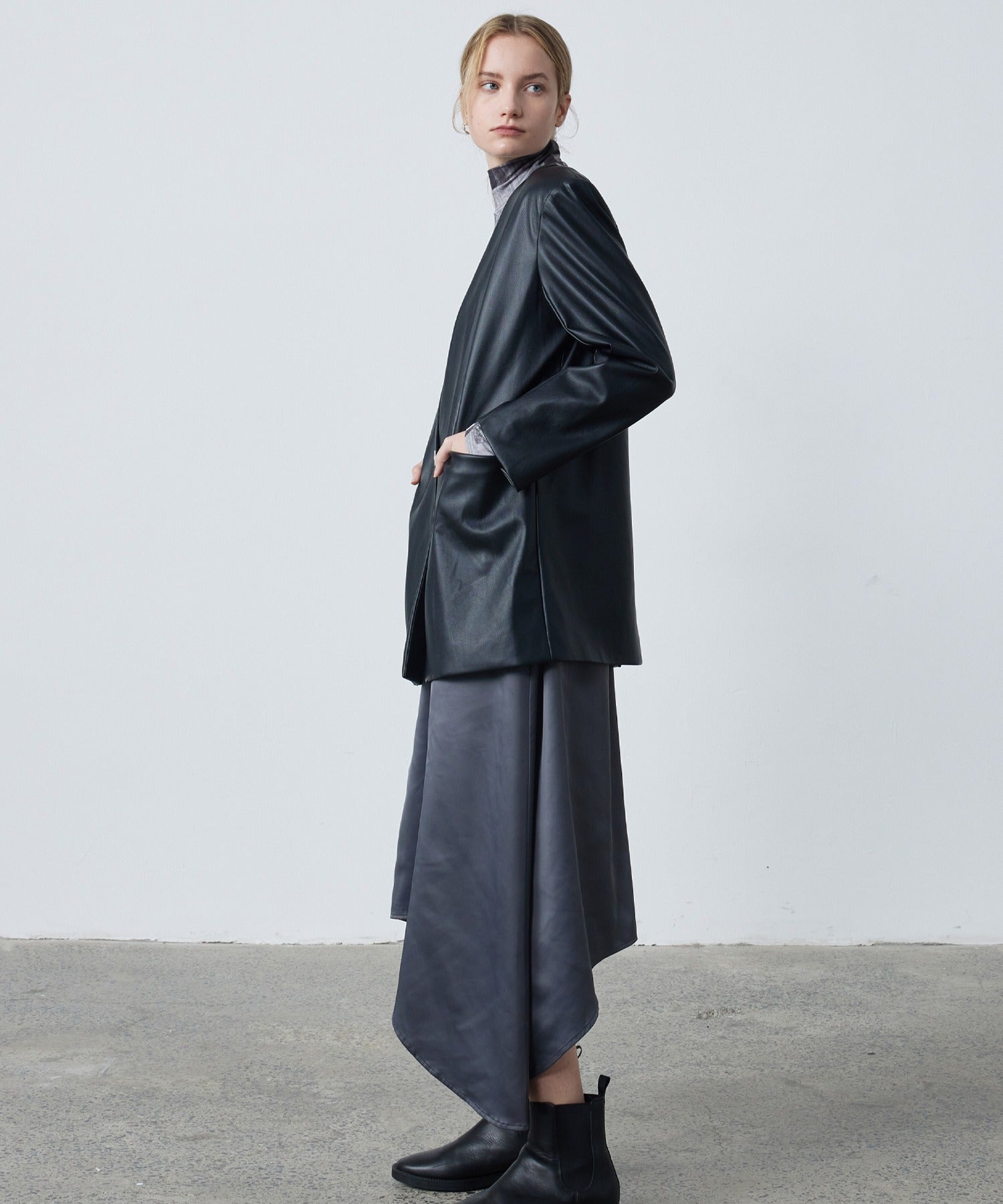 Faux Leather No-Collar Jacket