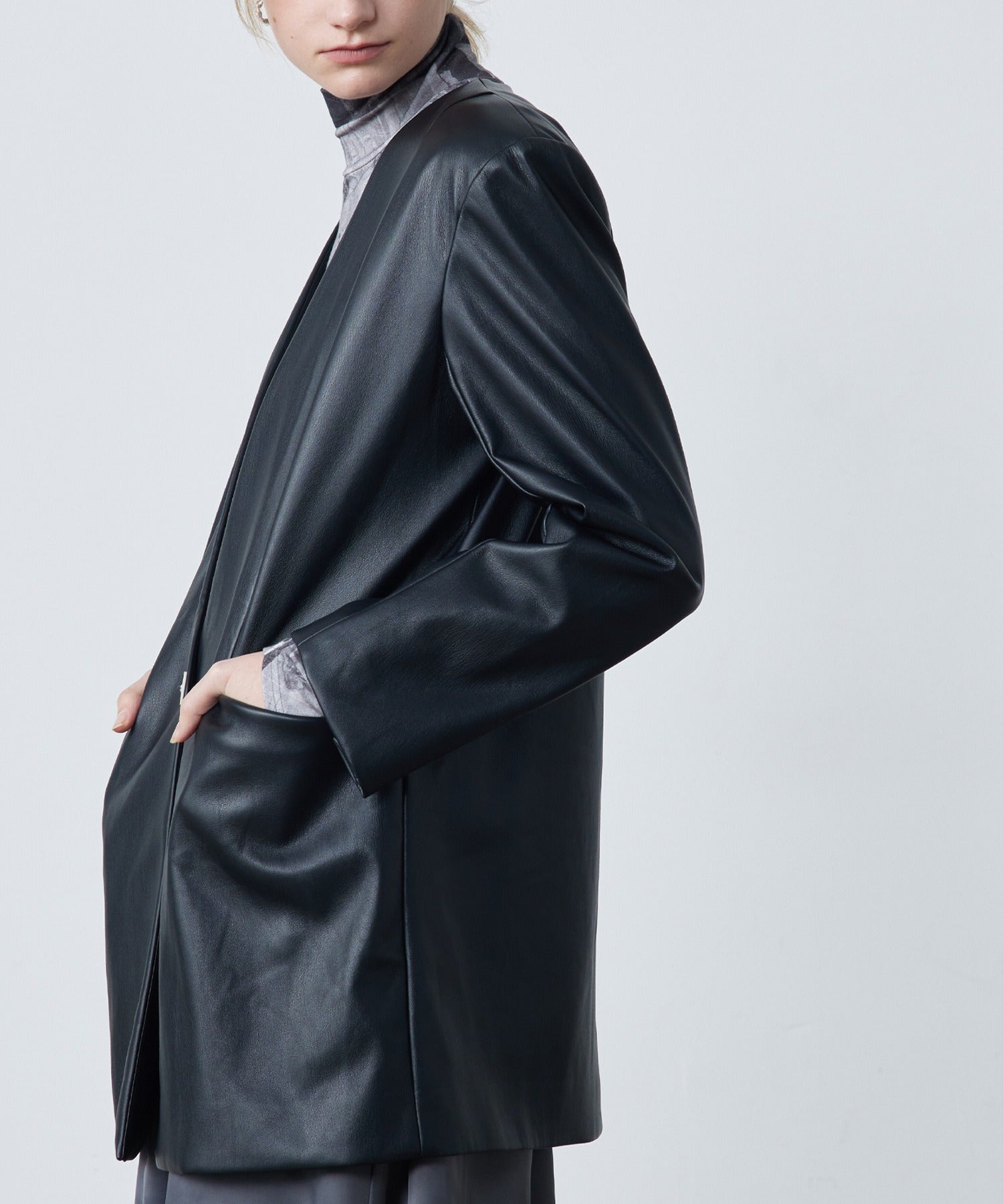 Faux Leather No-Collar Jacket