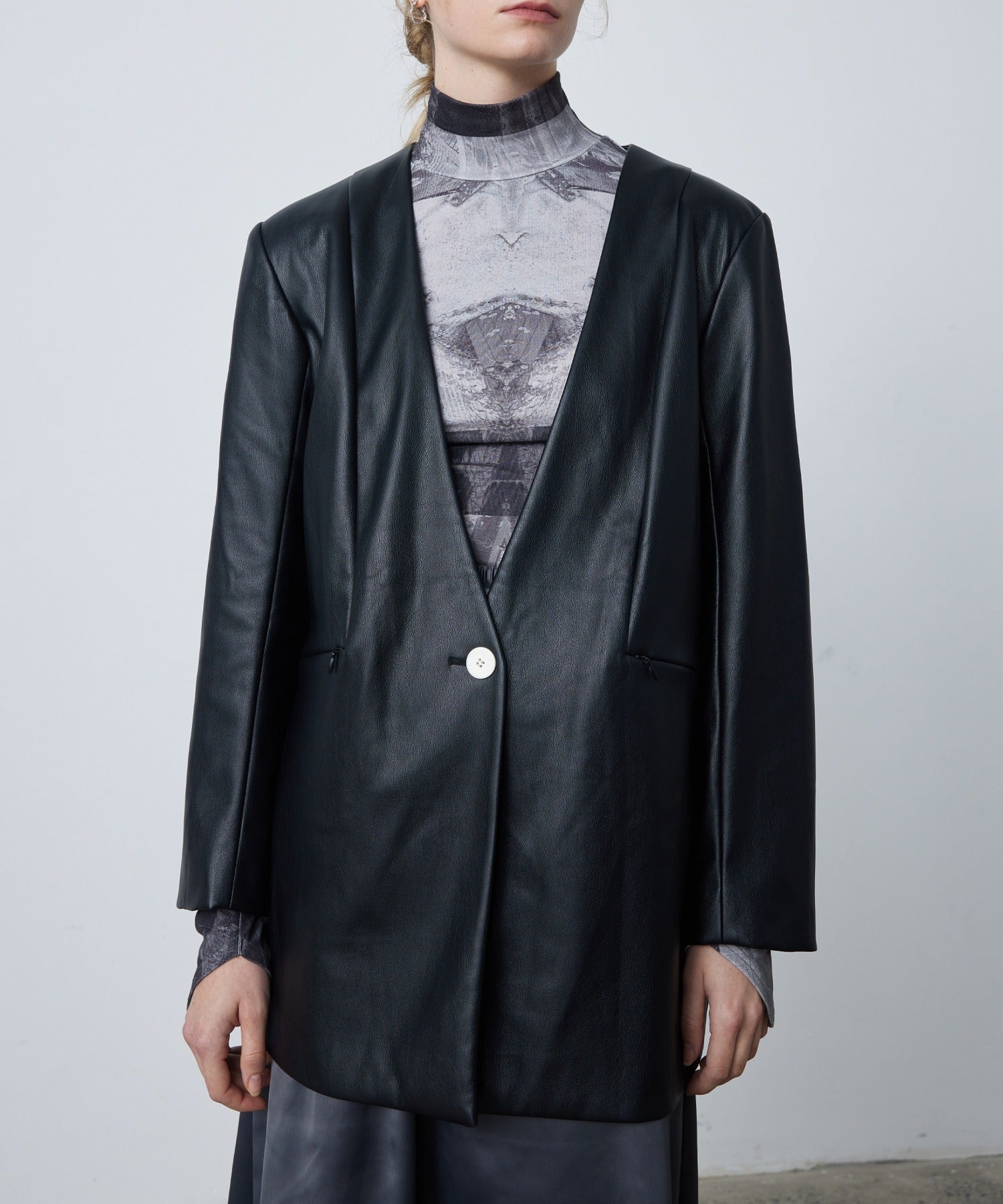 Faux Leather No-Collar Jacket