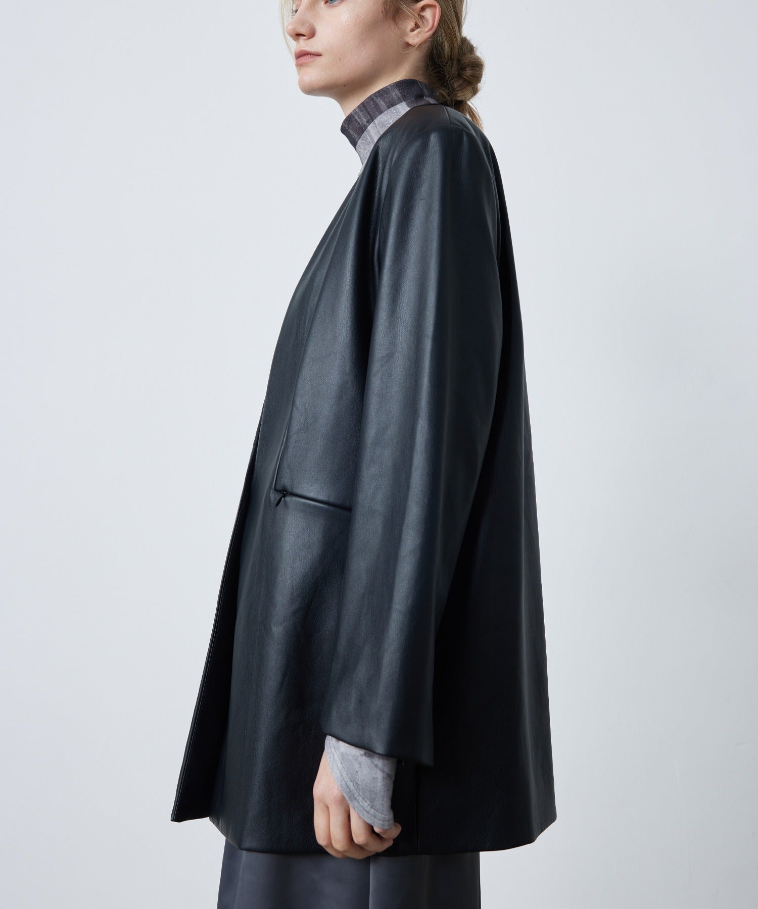 Faux Leather No-Collar Jacket