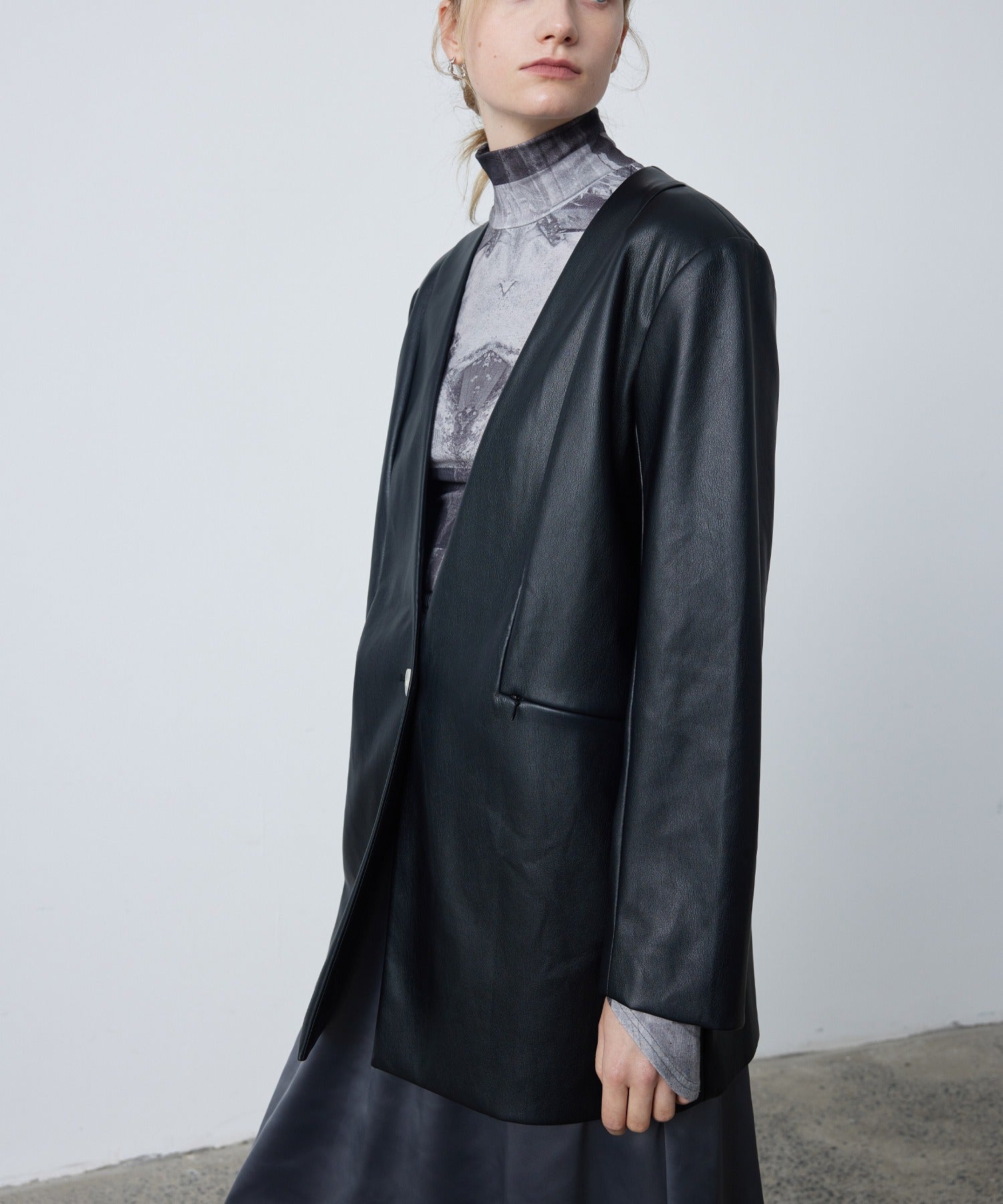 Faux Leather No-Collar Jacket