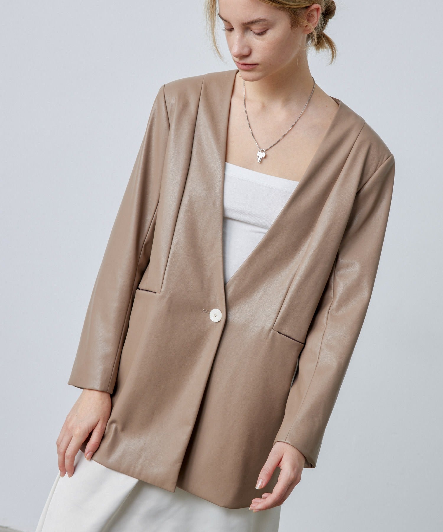 Faux Leather No-Collar Jacket