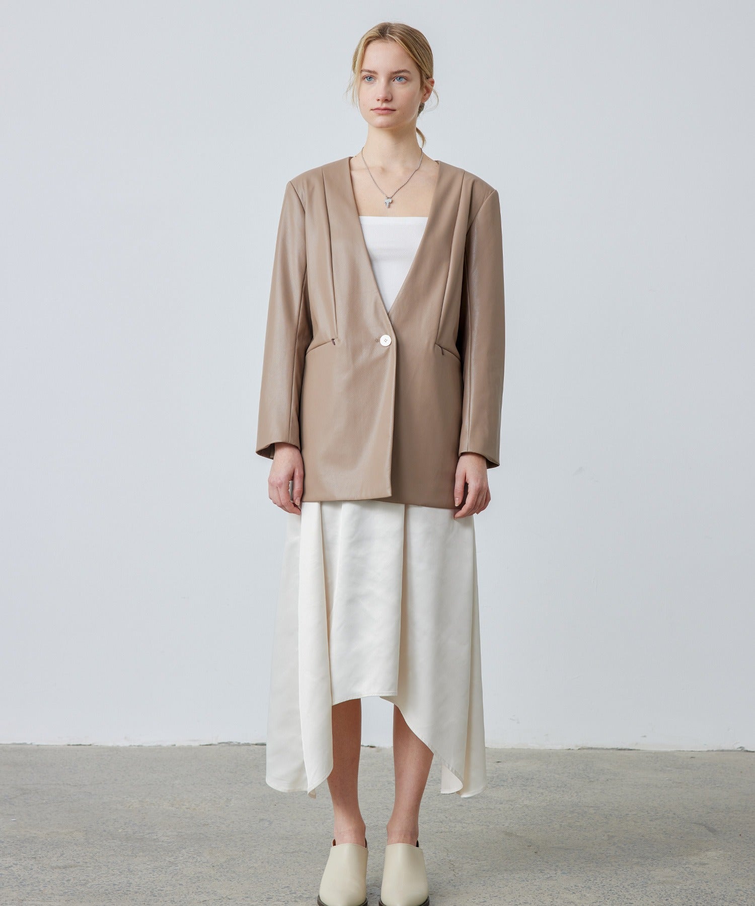 Faux Leather No-Collar Jacket