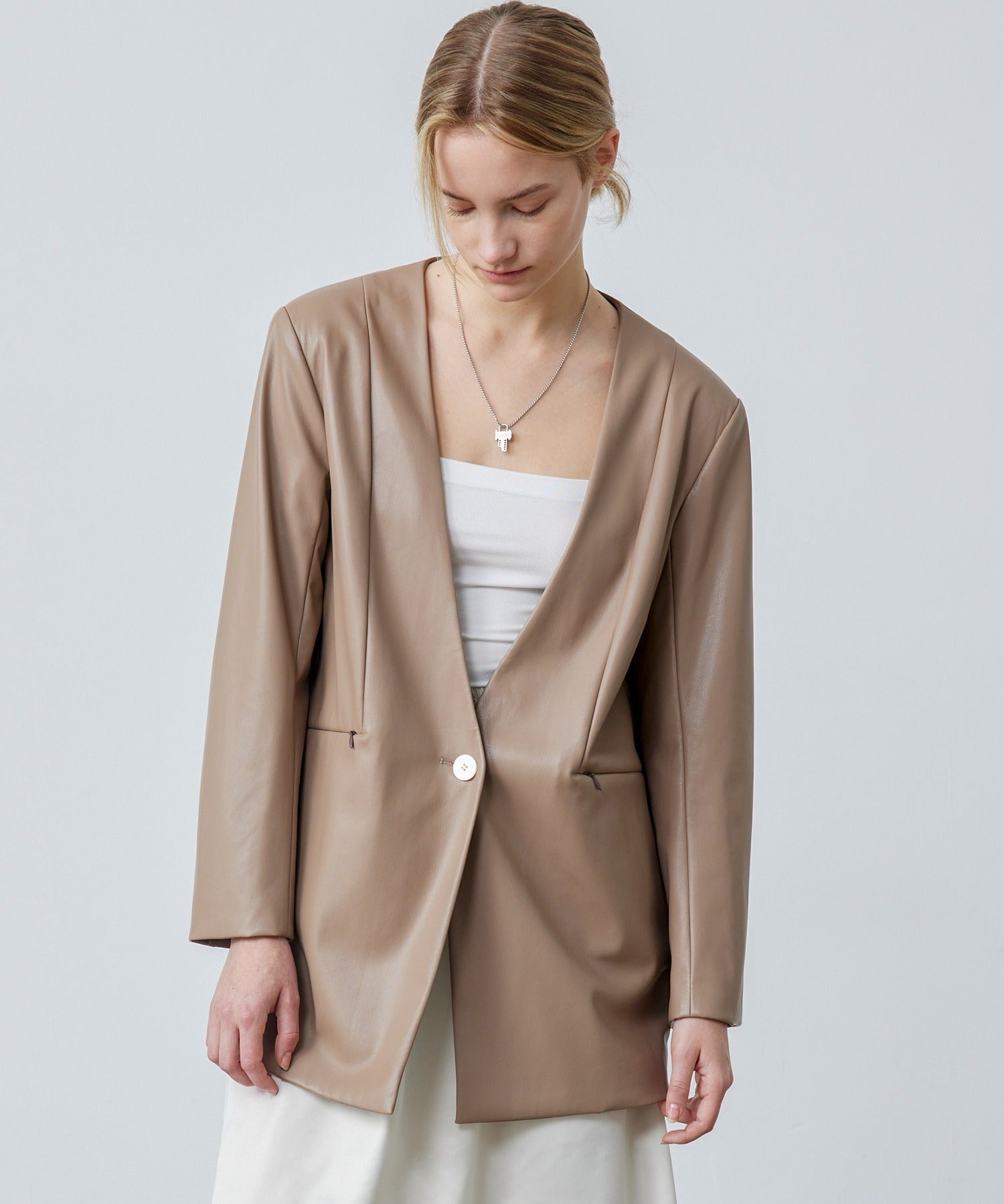 Faux Leather No-Collar Jacket
