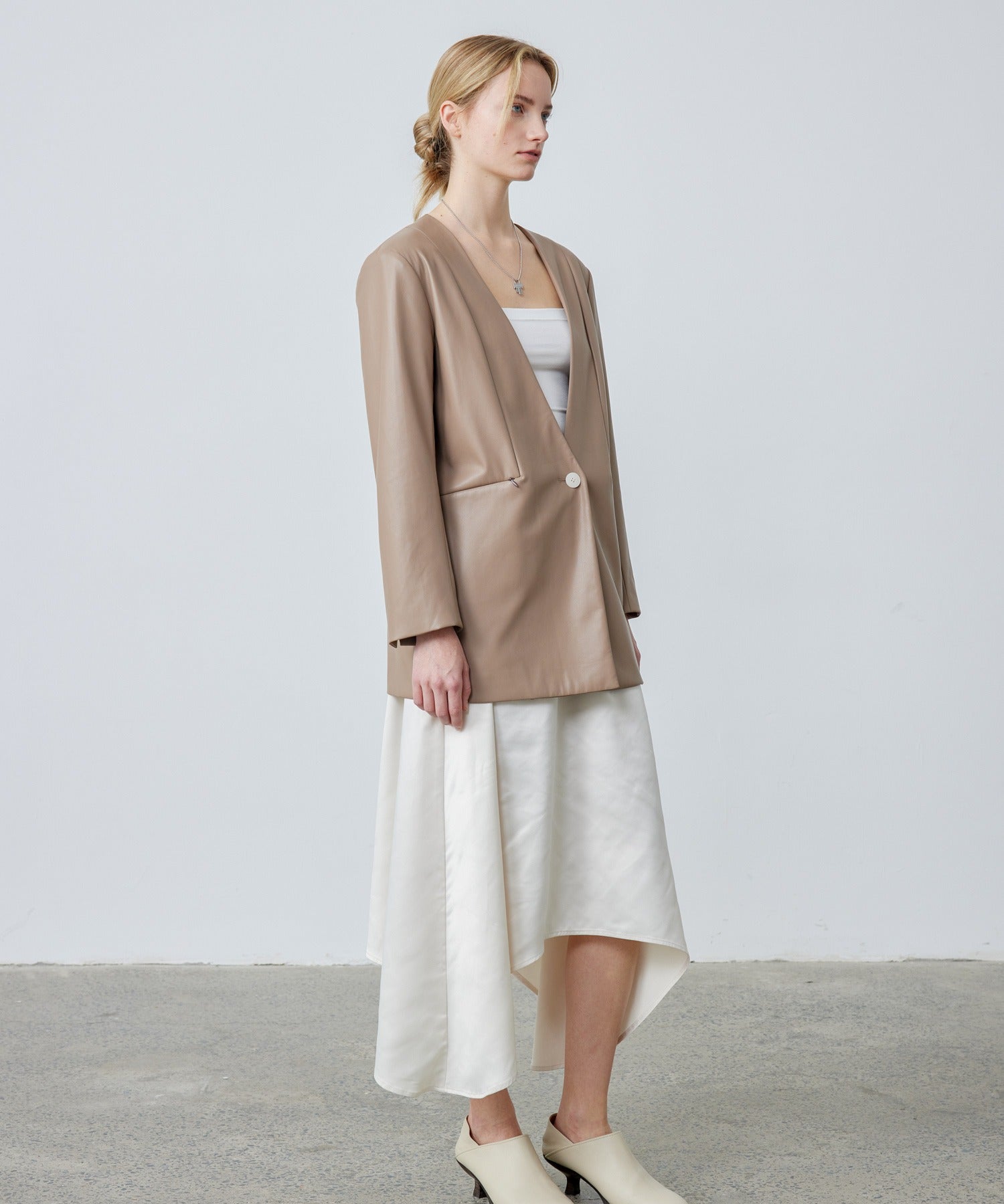 Faux Leather No-Collar Jacket