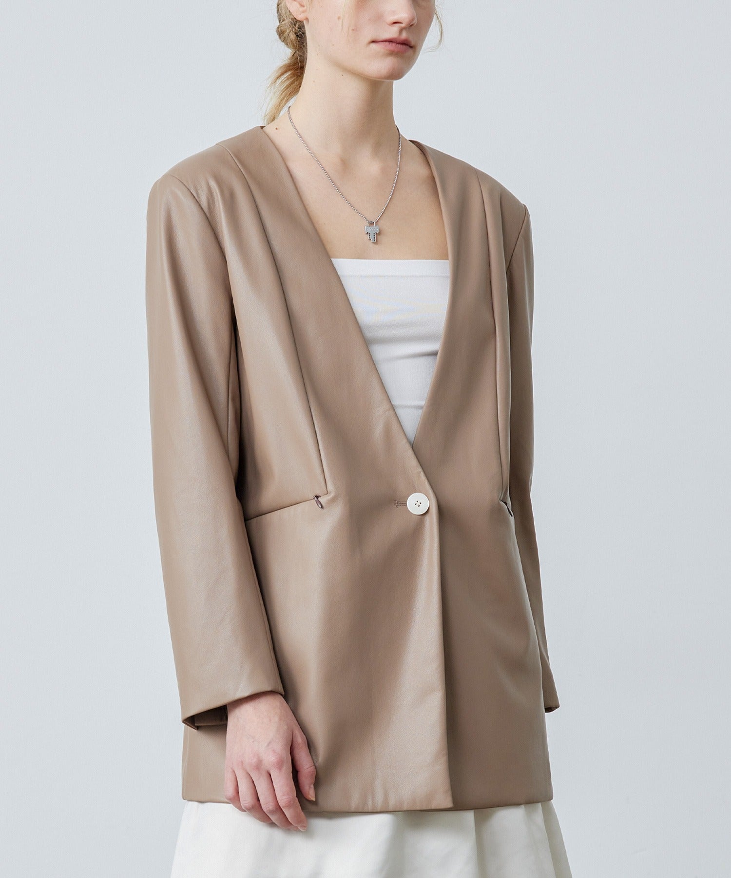 Faux Leather No-Collar Jacket