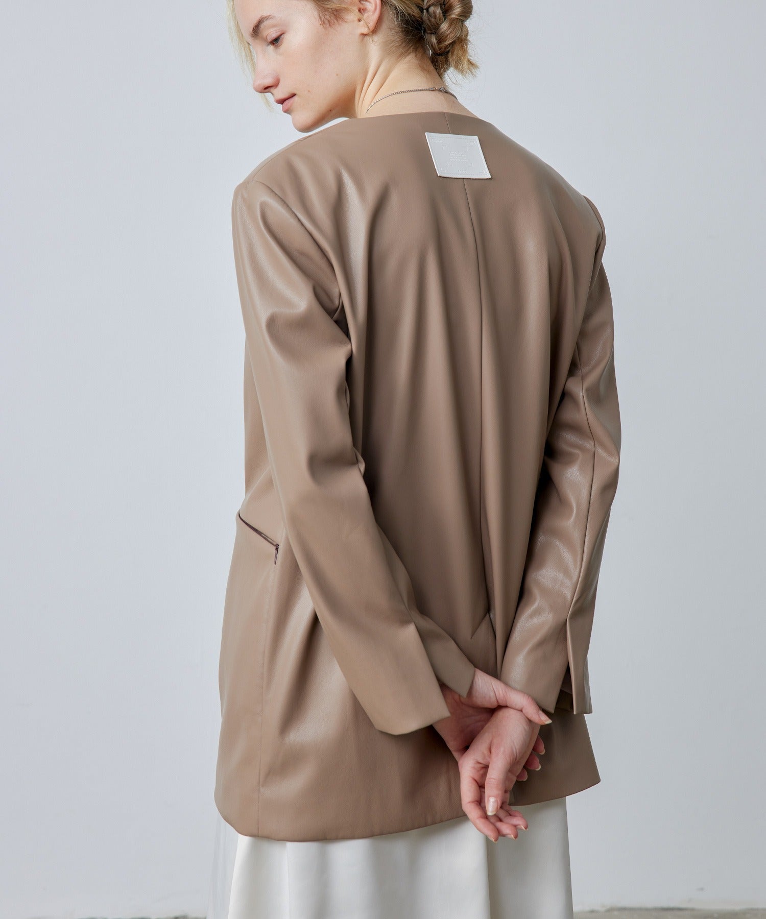 Faux Leather No-Collar Jacket